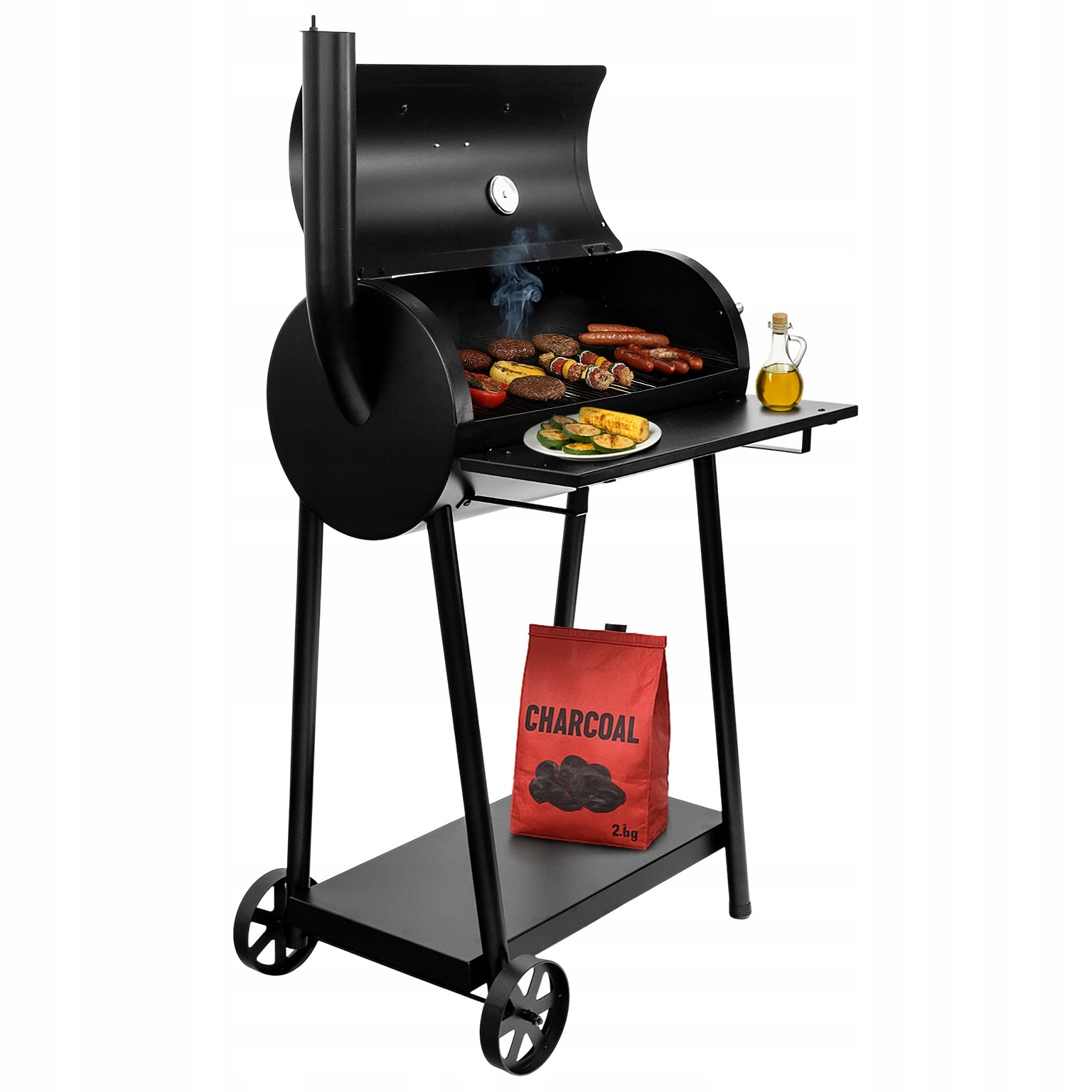 GARDEN CHARCOAL GRILL LARGE Barrel with CHIMNEY THERMOMETER Cover