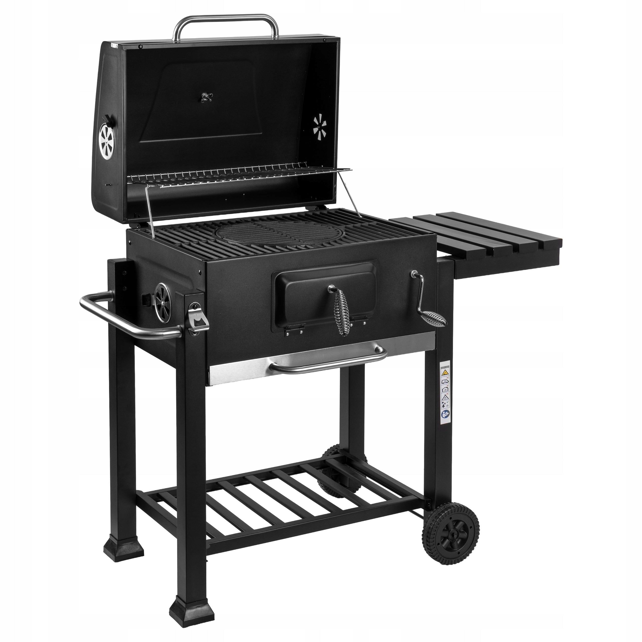 GARDEN CHARCOAL GRILL LARGE CAST IRON GRATE WHEELS SHELVES HOOKS THERMOMETER Grate length 43 cm