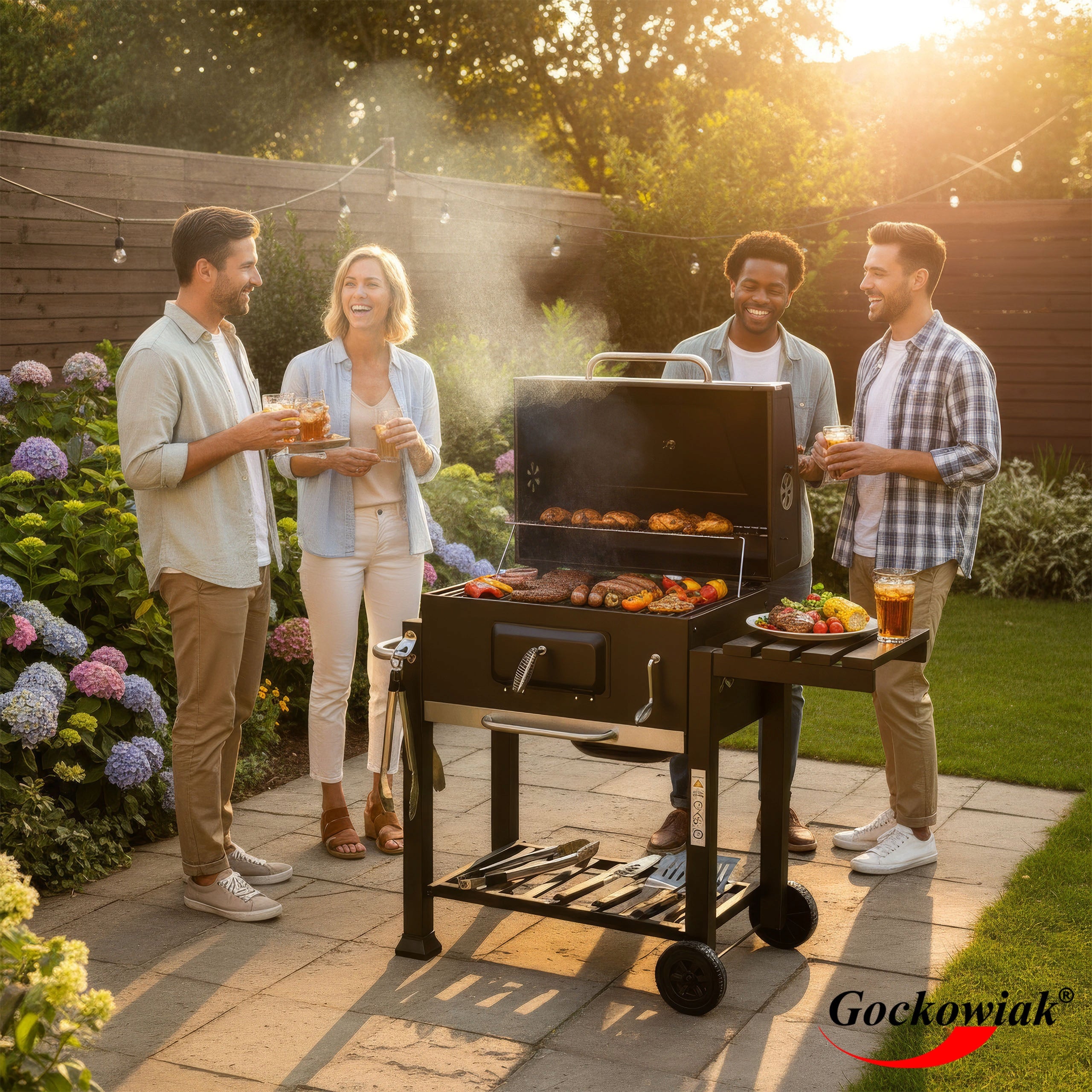 GARDEN CHARCOAL GRILL LARGE CAST IRON GRATE WHEELS SHELVES HOOKS THERMOMETER Packaging status original