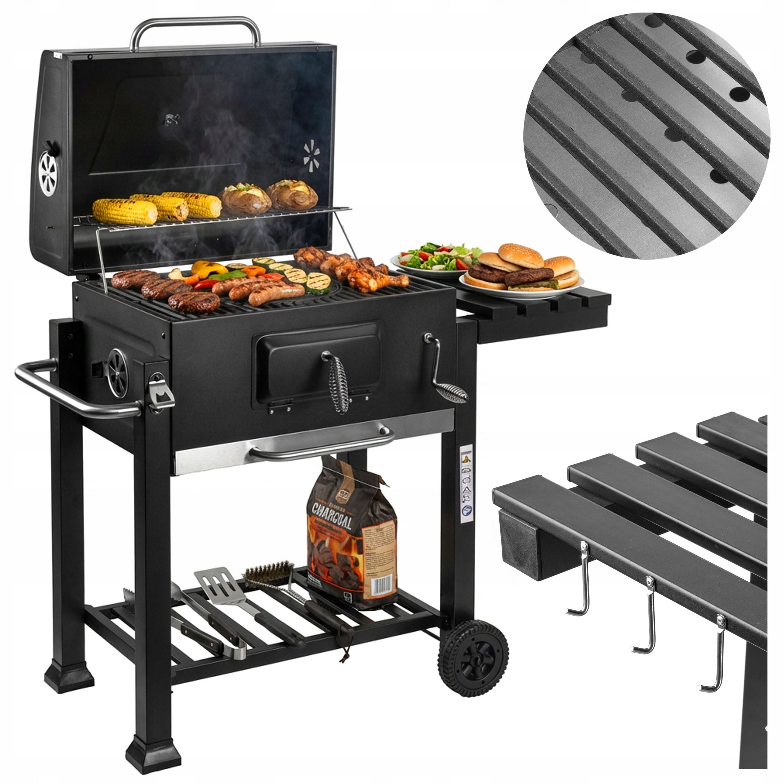GARDEN CHARCOAL GRILL LARGE CAST IRON GRATE WHEELS SHELVES HOOKS THERMOMETER