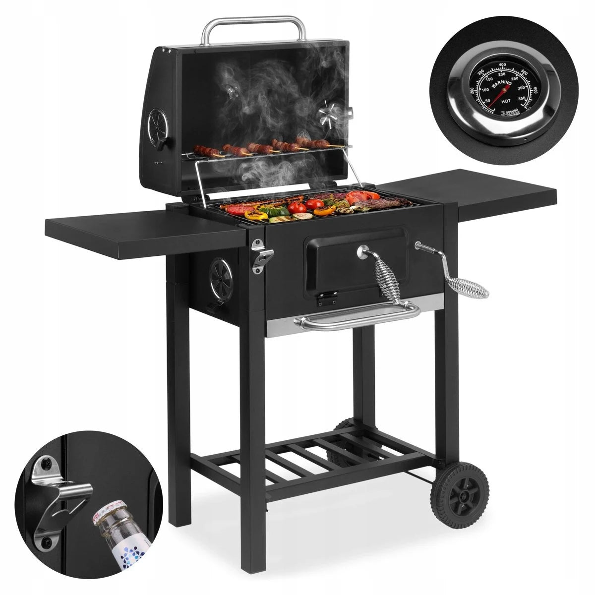 GARDEN CHARCOAL GRILL LARGE COVER ASHTRAY CRANK WHEELS 2 SHELVES THERMOMETER
