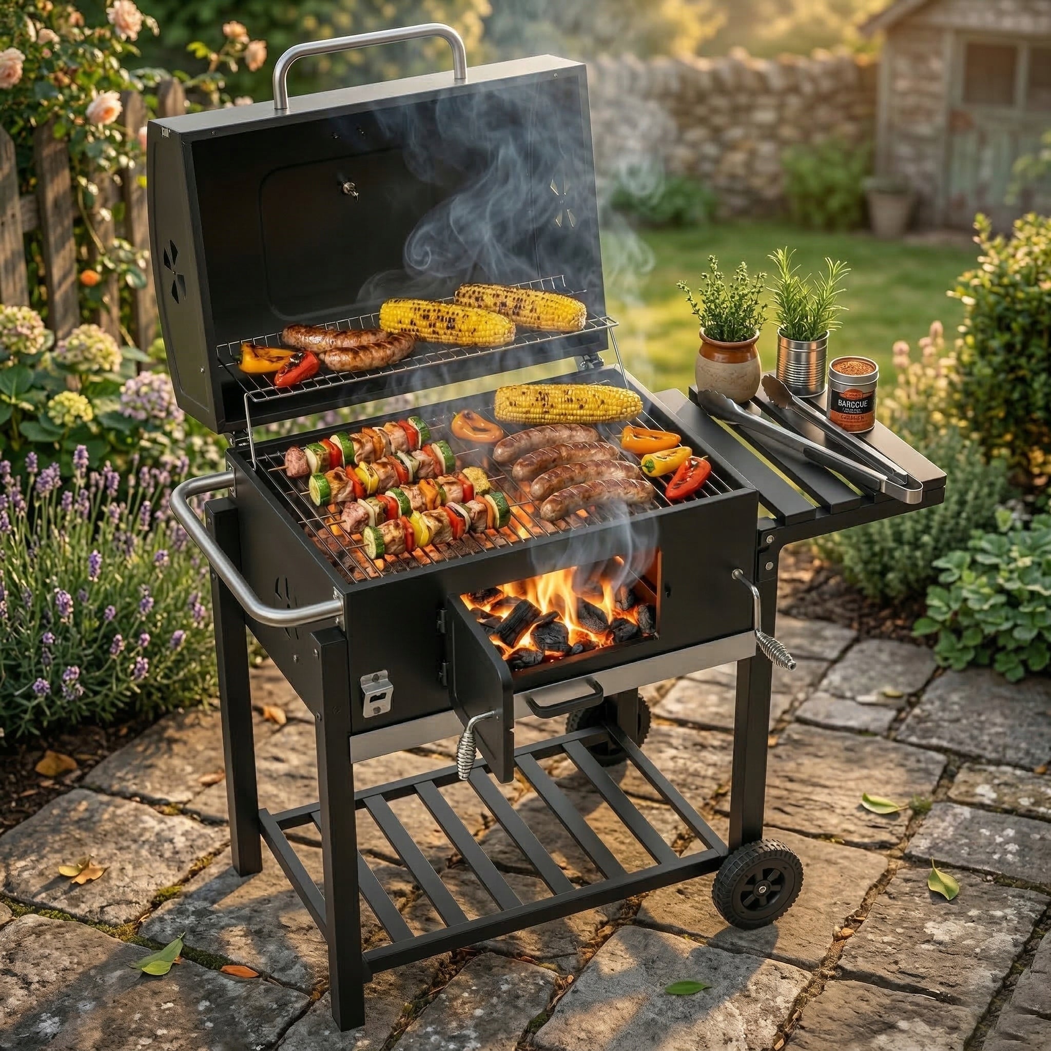 GARDEN CHARCOAL GRILL LARGE GRATE WITH COVER ASHTRAY +THERMOMETER Grill depth 56 cm