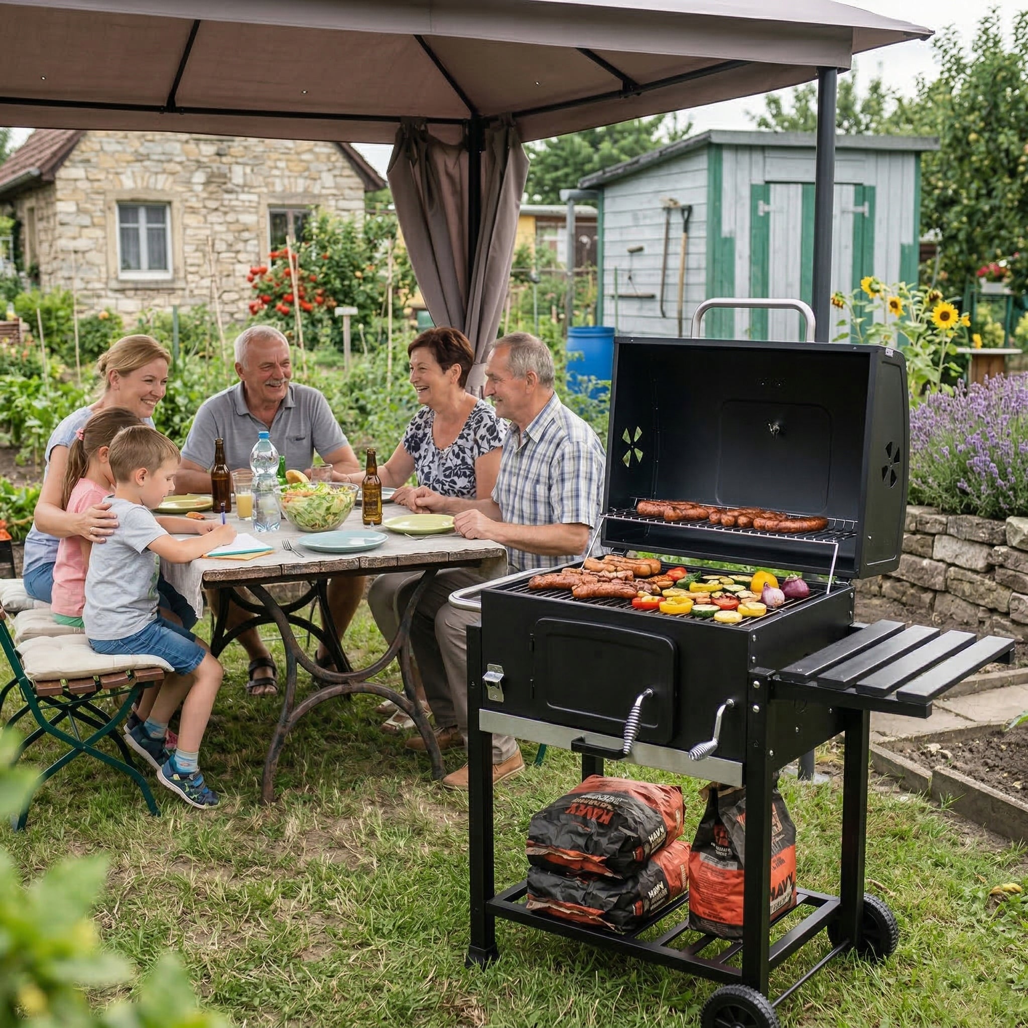 GARDEN CHARCOAL GRILL LARGE GRATE WITH COVER ASHTRAY +THERMOMETER Grill width 115 cm