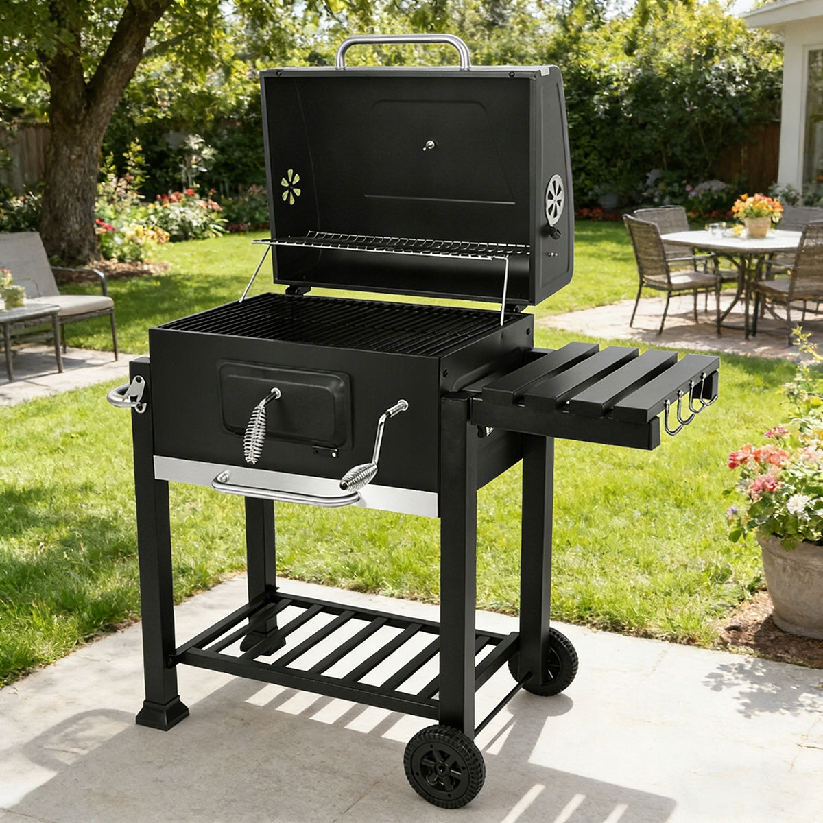 GARDEN CHARCOAL GRILL LARGE GRATES ASHTRAY THERMOMETER WHEELS XXL Packaging status original