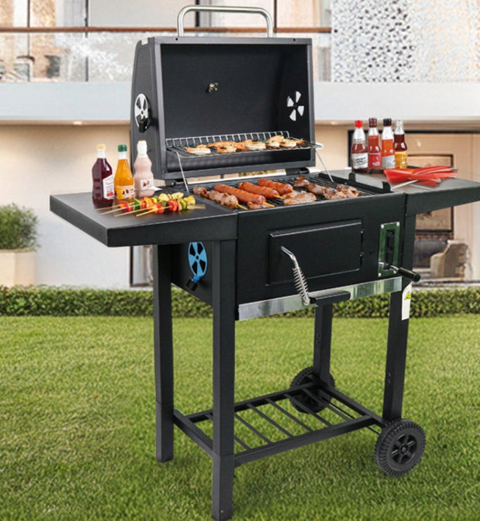 GARDEN CHARCOAL GRILL LARGE WITH THERMOMETER WITH LID WITH ASHTRAY + GRATE Manufacturer code Duży grill ogrodowy węglowy termometr półki