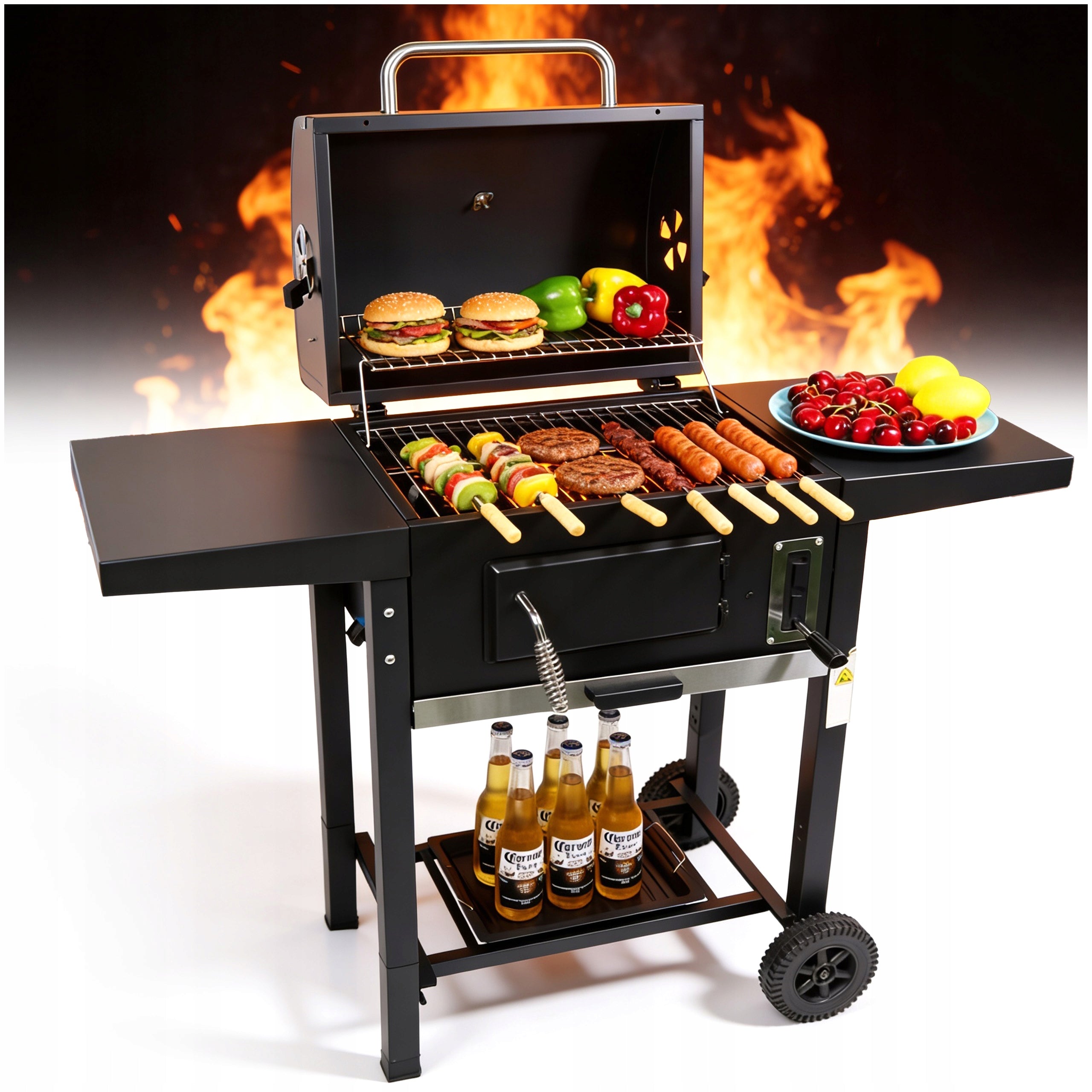 GARDEN CHARCOAL GRILL LARGE WITH THERMOMETER WITH LID WITH ASHTRAY + GRATE
