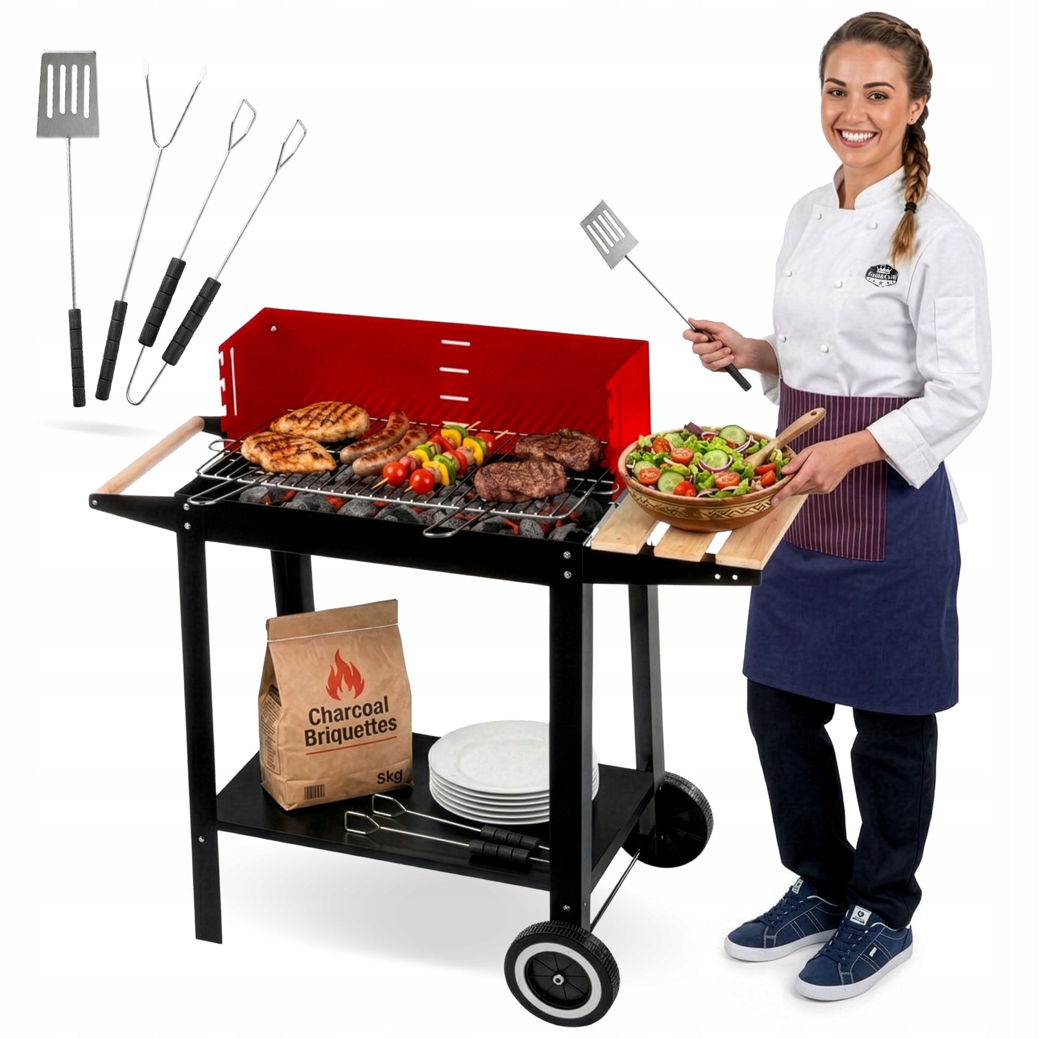 GARDEN CHARCOAL GRILL ON WHEELS GRILL SHELF FOR BRIQUETTE BBQ ACCESSORIES