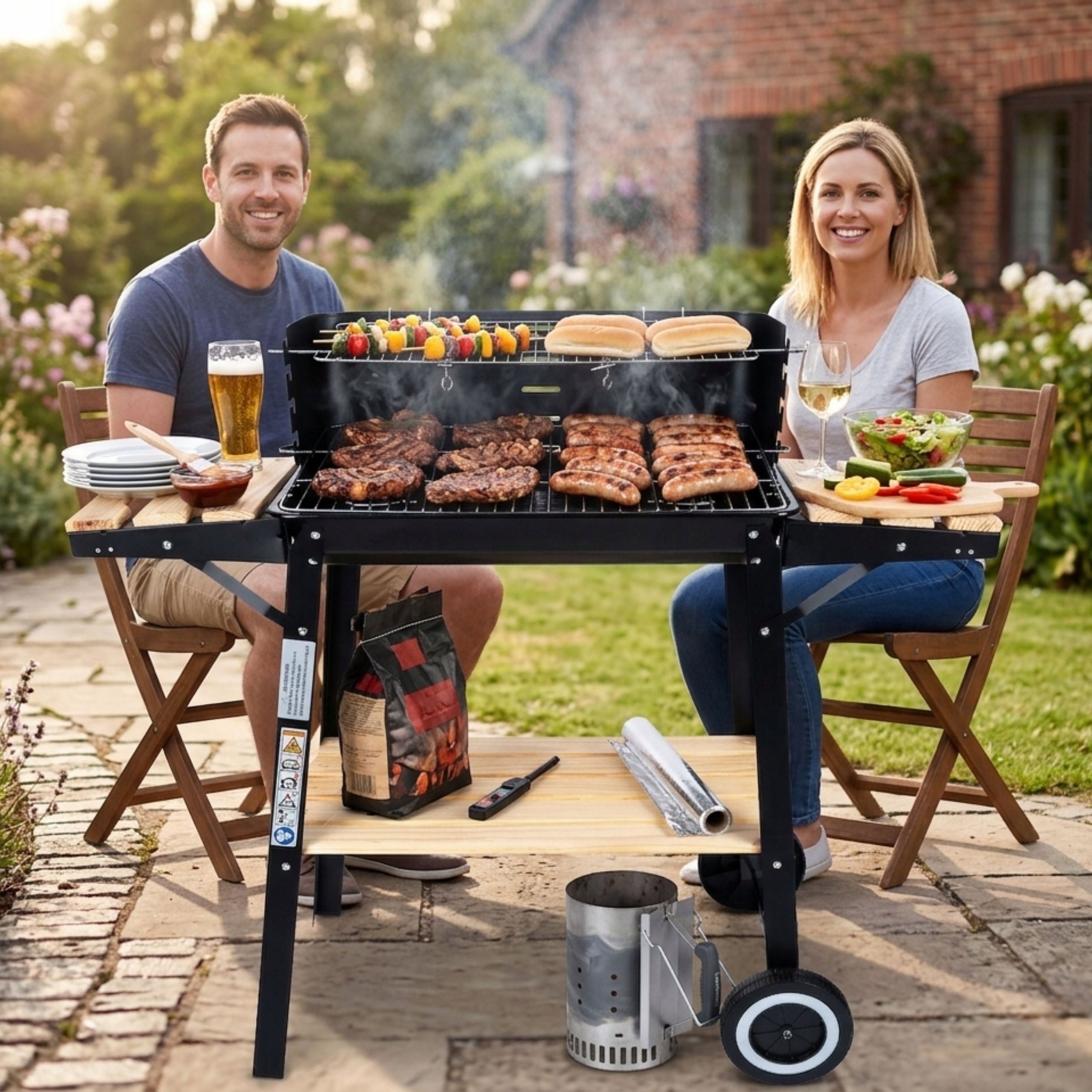 GARDEN CHARCOAL GRILL ON WHEELS SPIT 3xSHELVES FOR BRIQUETTE BBQ LARGE GRILL Grate length 51 cm