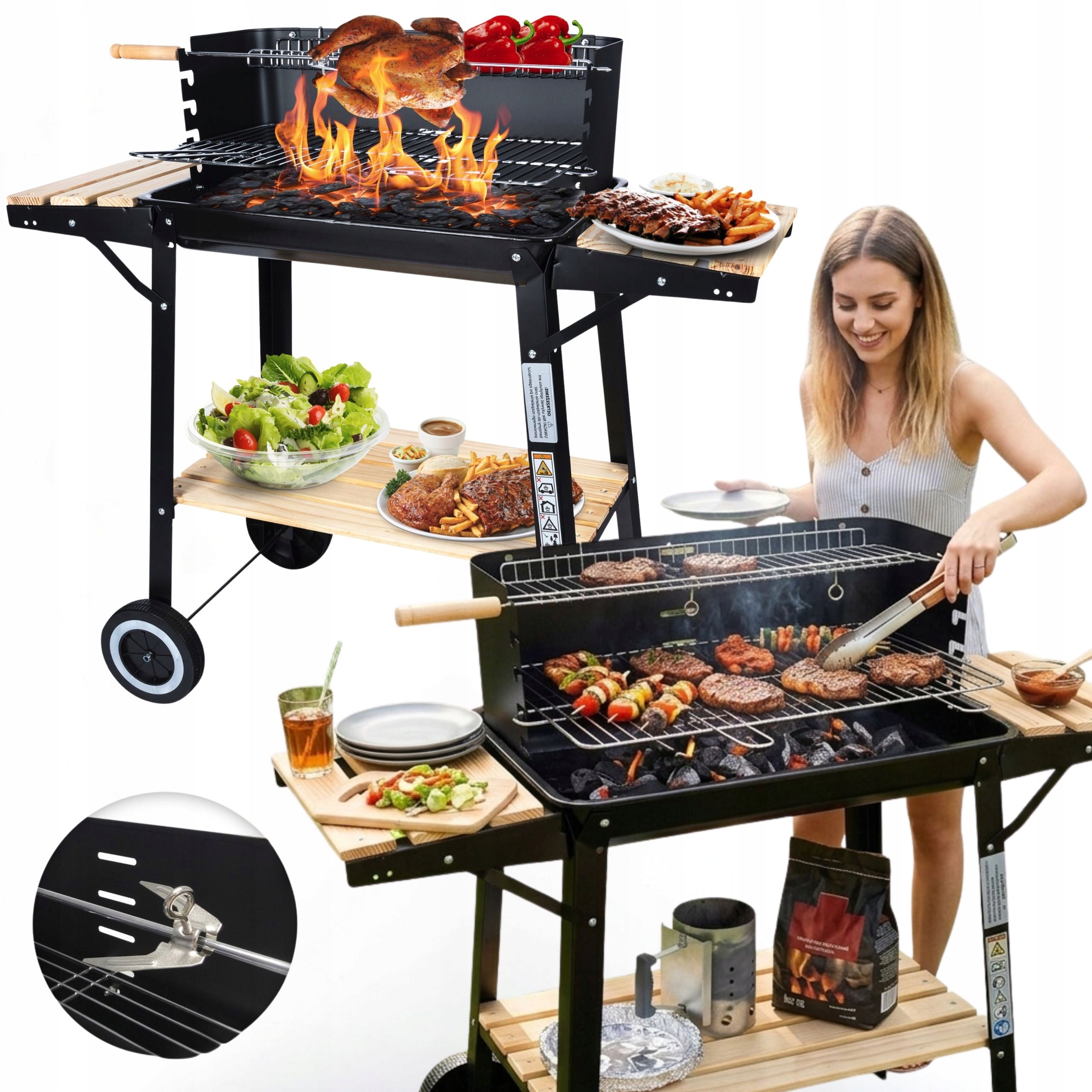 GARDEN CHARCOAL GRILL ON WHEELS SPIT 3xSHELVES FOR BRIQUETTE BBQ LARGE GRILL