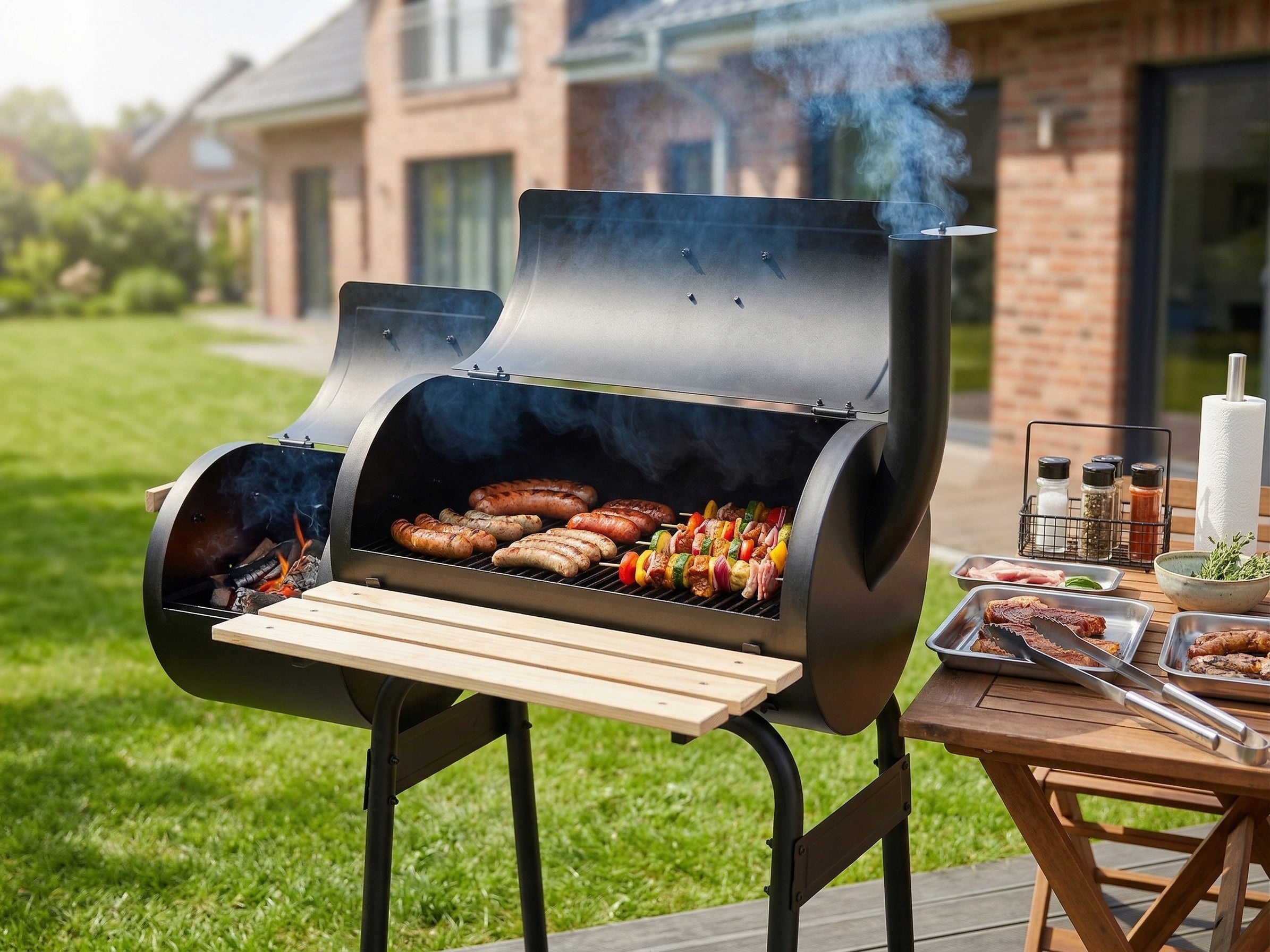 GARDEN CHARCOAL GRILL STEEL WITH SMOKEHOUSE GRATE 60X30CM ON WHEELS LUND Manufacturer code LUND99901