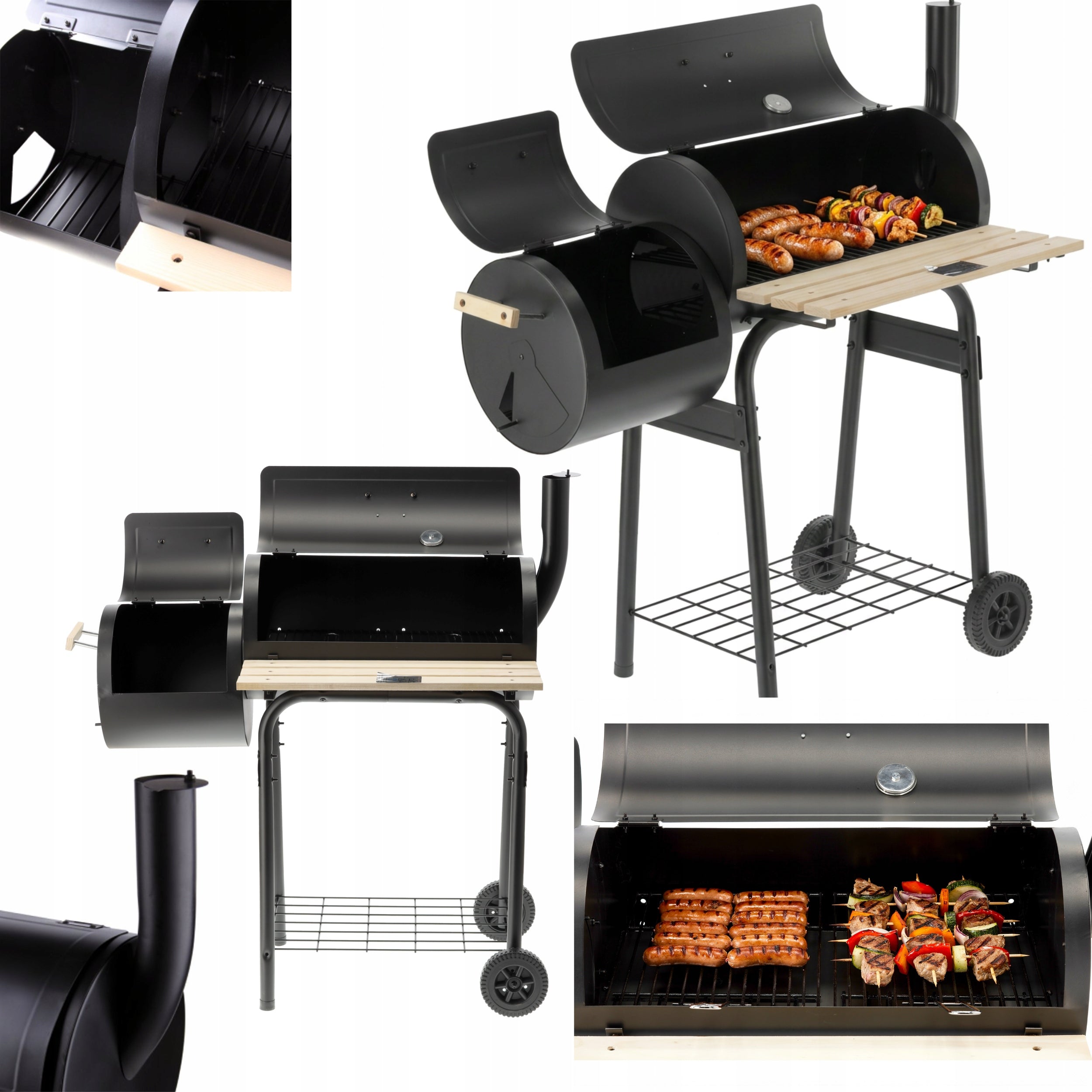 GARDEN CHARCOAL GRILL STEEL WITH SMOKEHOUSE GRATE 60X30CM ON WHEELS LUND