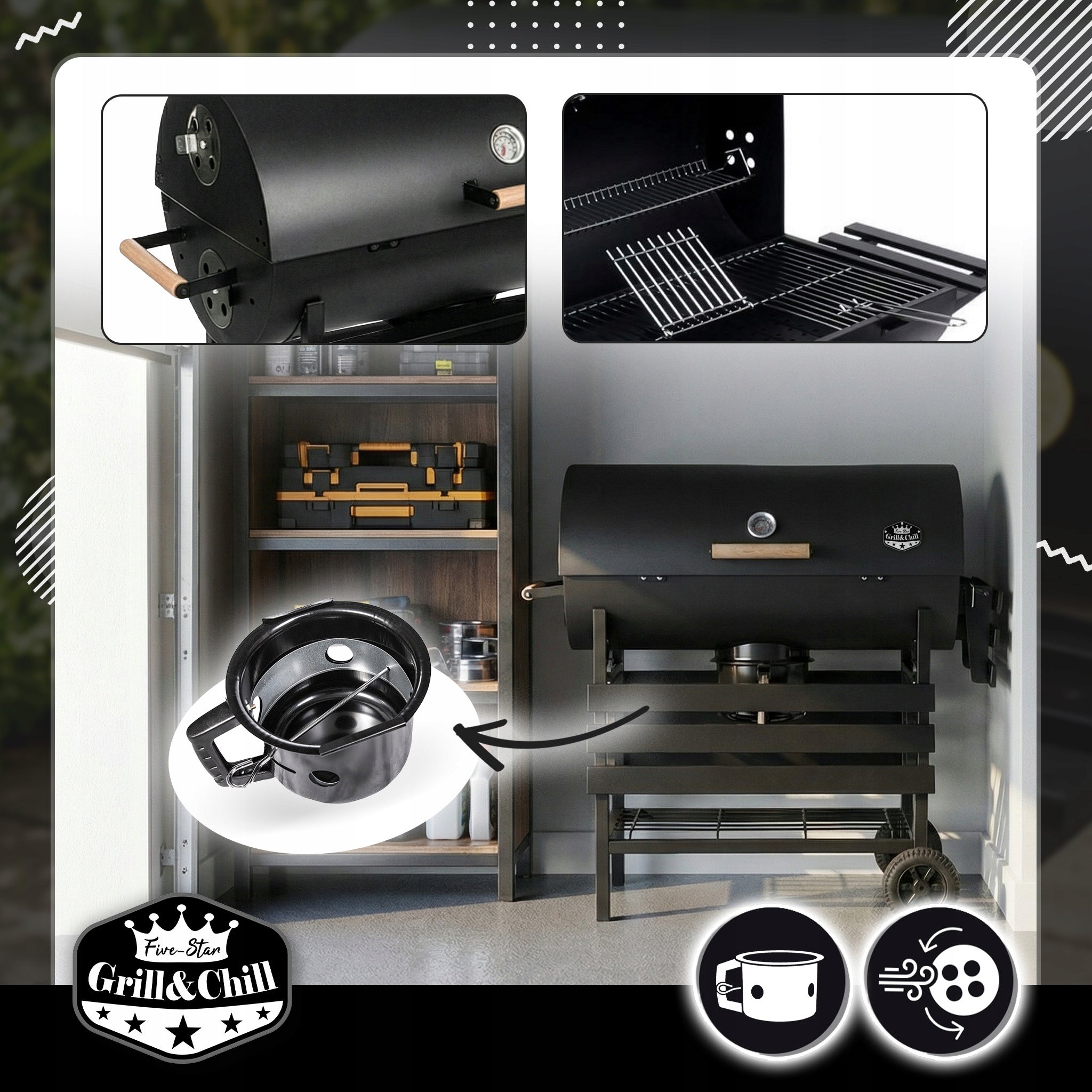 GARDEN CHARCOAL GRILL WITH LID ON WHEELS GRILL SHELF BBQ Grate length 71 cm