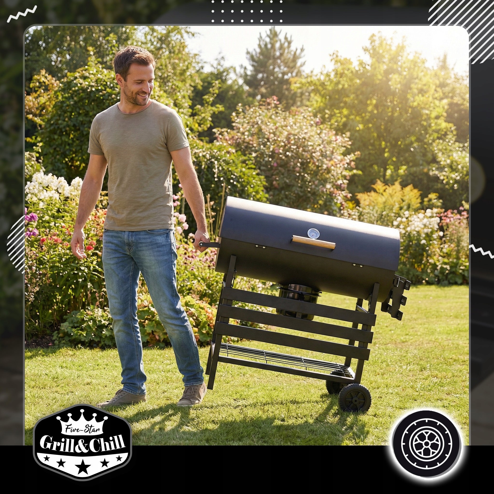 GARDEN CHARCOAL GRILL WITH LID ON WHEELS GRILL SHELF BBQ Grill depth 36 cm