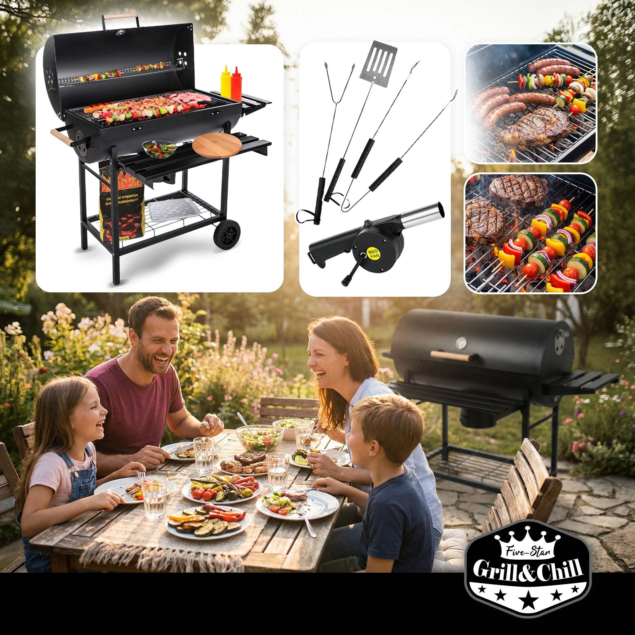 GARDEN CHARCOAL GRILL WITH LID ON WHEELS GRILL SHELF BBQ Packaging status original