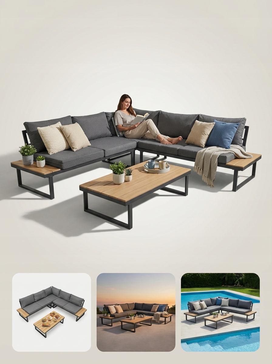 GARDEN CORNER XXL NM-28 GARDEN FURNITURE SET GARDEN FURNITURE BROWN Set contents corner sofa end table