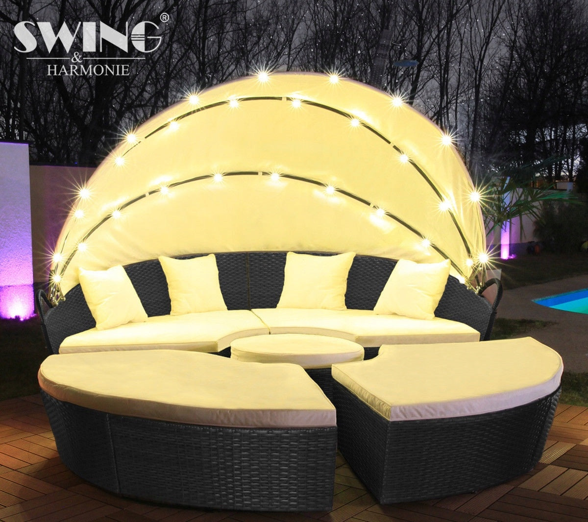 GARDEN COUCH ROUND TERRACE LARGE 210 cm BLACK LED COVER ISLAND SOFA Packaging status original