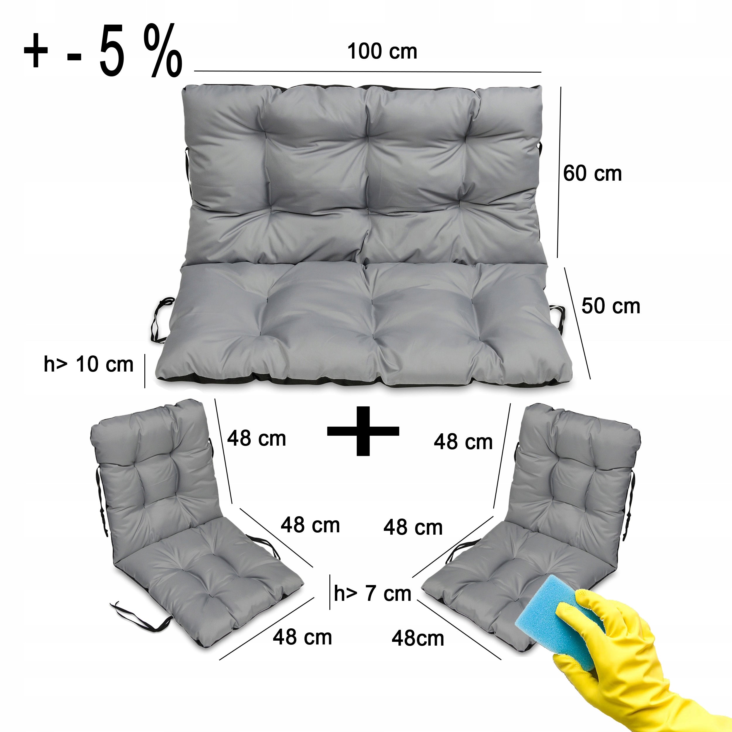 GARDEN CUSHIONS FOR FURNITURE SET rattan 2 garden chairs bench 100cm Color gray