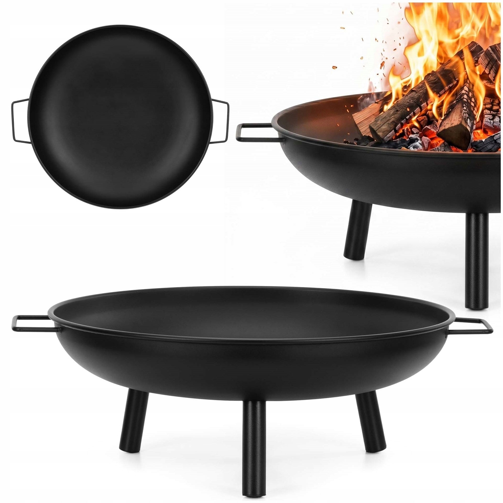 GARDEN FIREPLACE FOR GRILL FIREPLACE LARGE STEEL 60cm BLACK WITH HANDLES