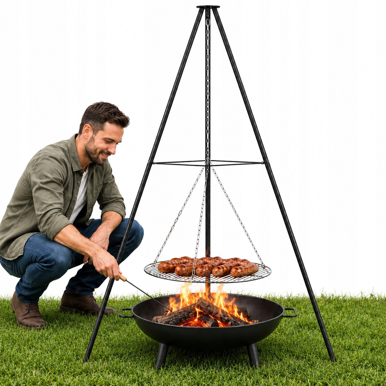 GARDEN FIREPLACE WITH GRATE AND WOOD BOWL 58 cm TRIPOD