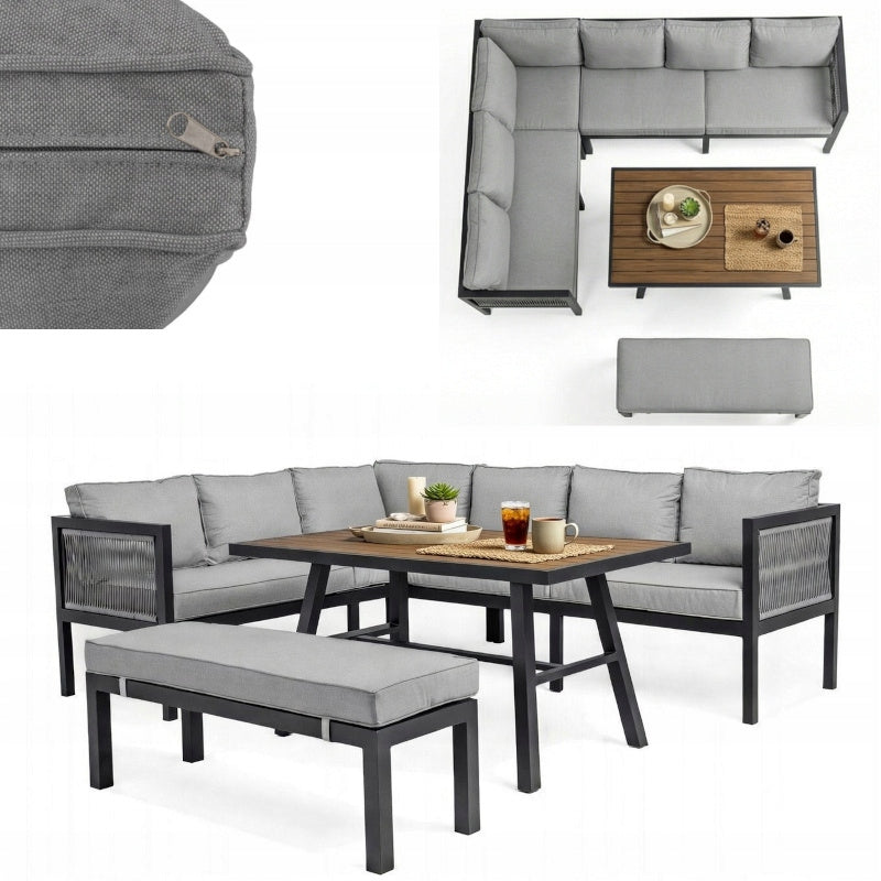 GARDEN FURNITURE ALUMINUM CORNER SEATING SET GREY TERRACE TABLE
