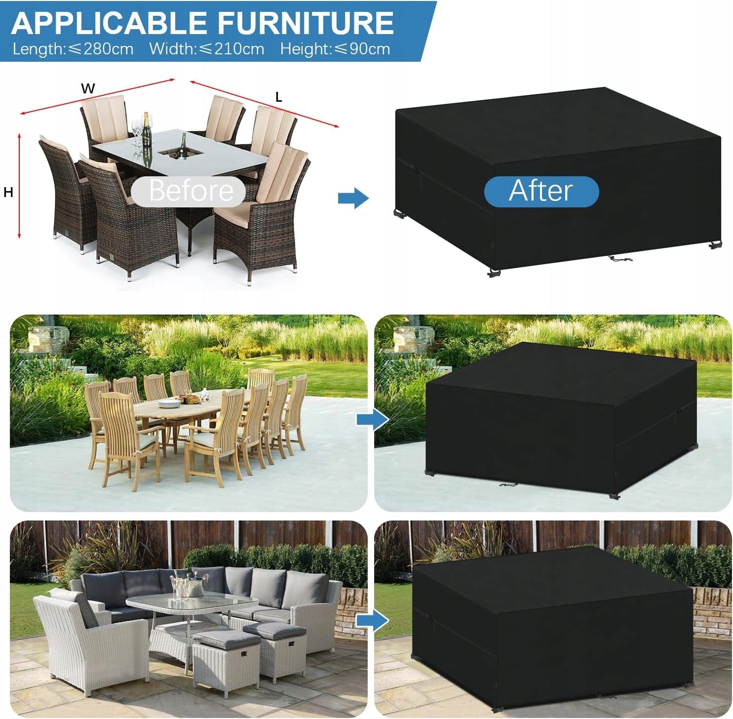GARDEN FURNITURE COVER TABLE TARPAULIN CHAIRS WATERPROOF 280x210x90 Product width 210 cm