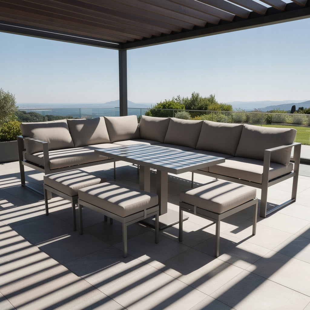 GARDEN FURNITURE METAL CORNER TABLE 3 POUFS SET NM-21 BROWN Line IdealGarden
