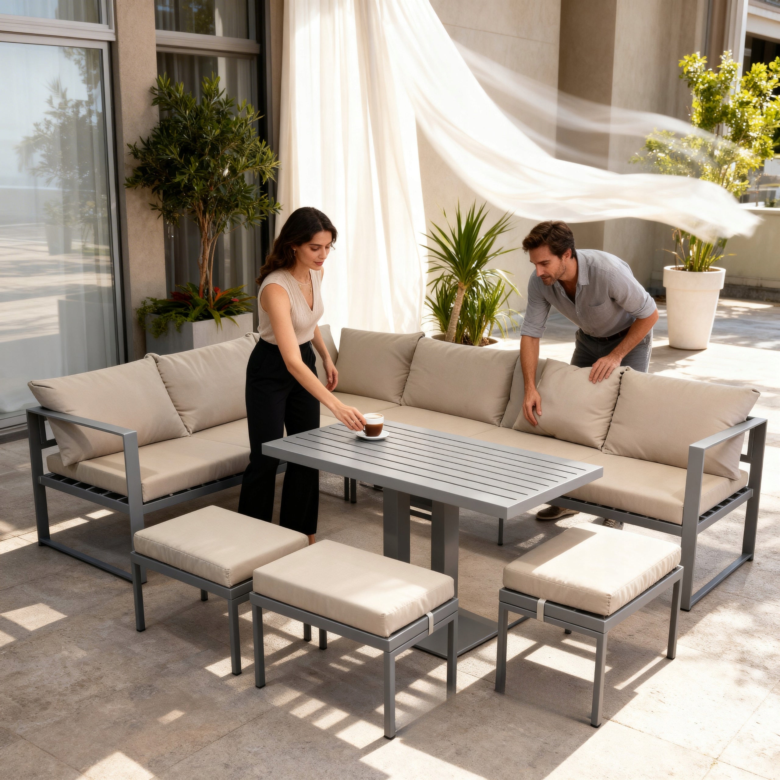 GARDEN FURNITURE METAL CORNER TABLE 3 POUFS SET NM-21 BROWN Manufacturer MTG Trade Group