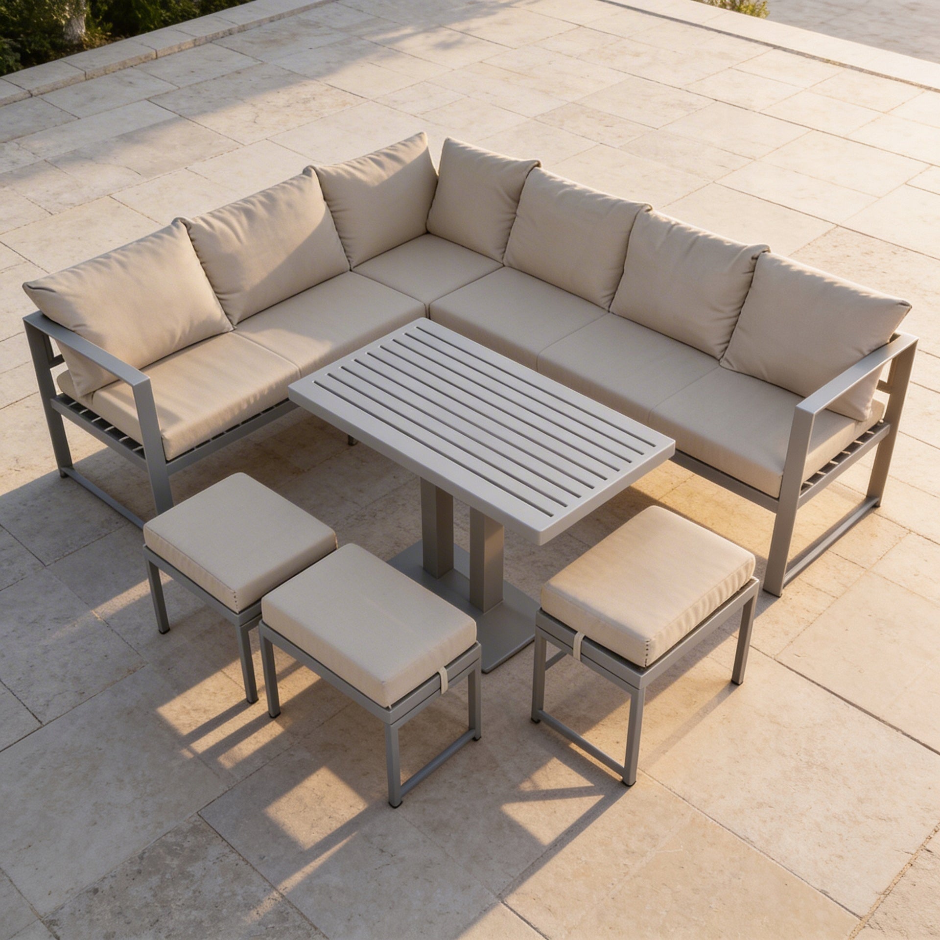 GARDEN FURNITURE METAL CORNER TABLE 3 POUFS SET NM-21 GREY Packaging status original