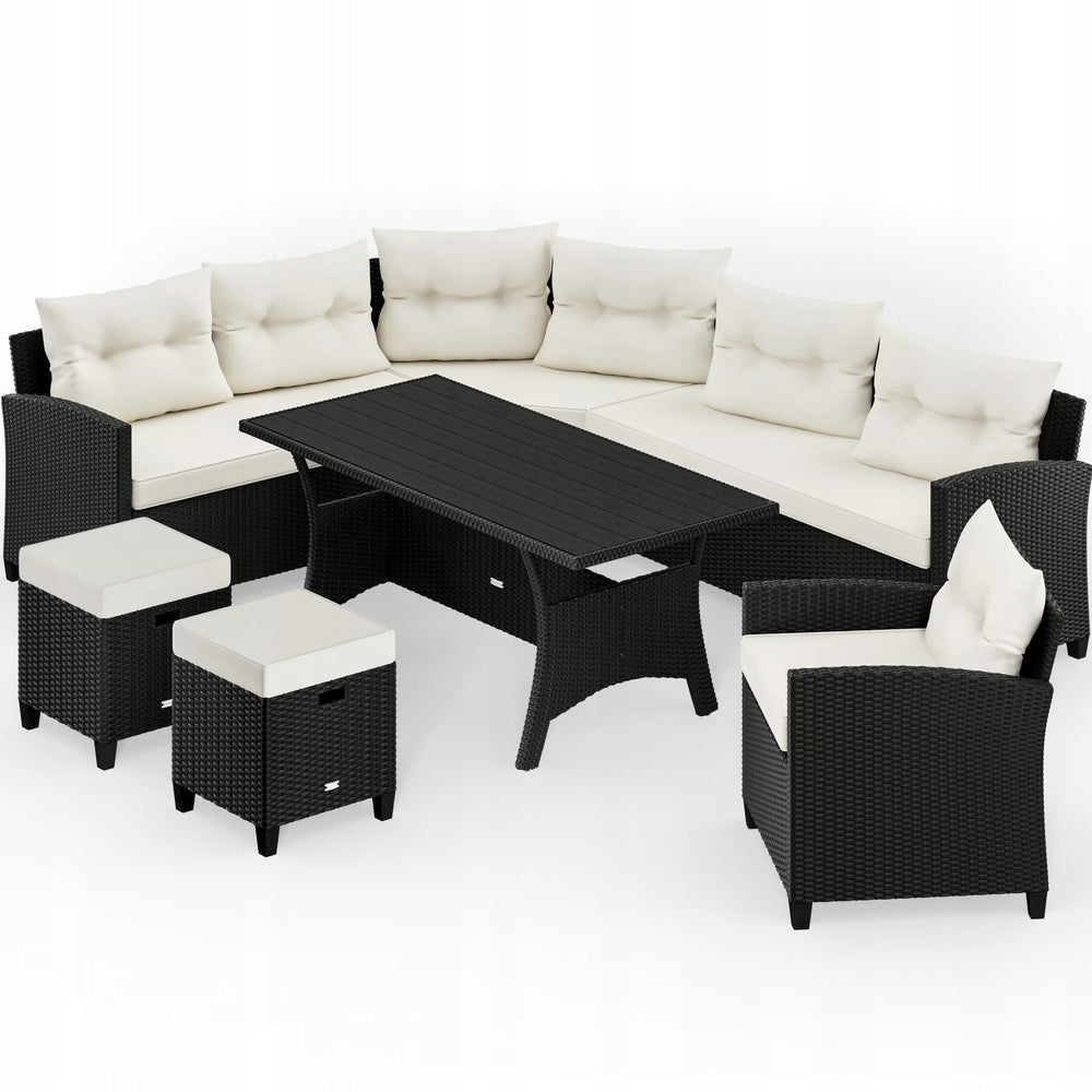 GARDEN FURNITURE POLYRATTAN CORNER TABLE ARMCHAIR 2 POUFS PILLOWS