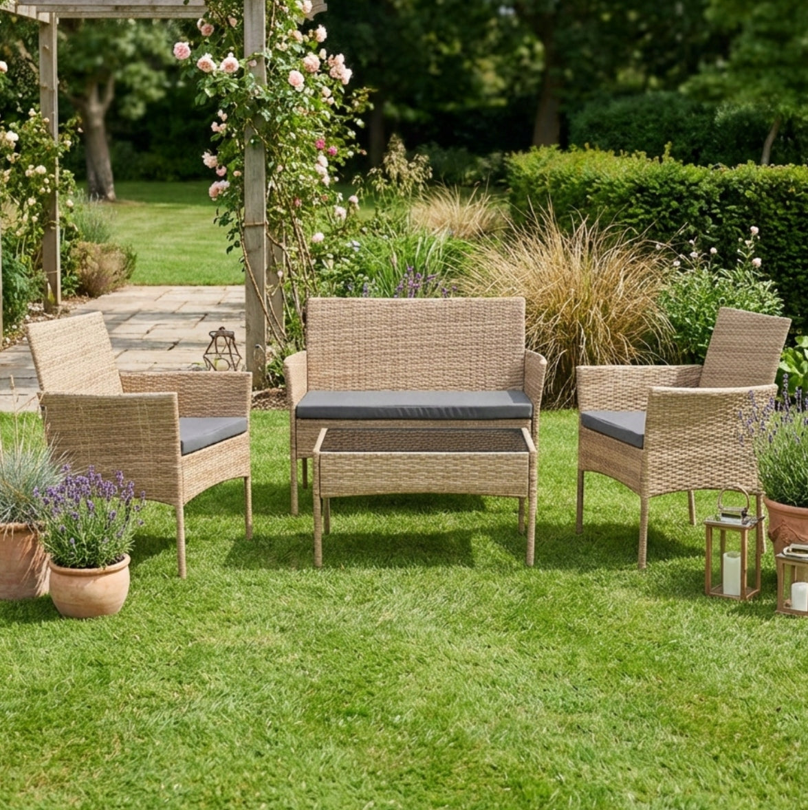 GARDEN FURNITURE RATTAN 4 EL SOFA ARMCHAIRS TABLE BEIGE CUSHIONS DURABLE Main material synthetic rattan