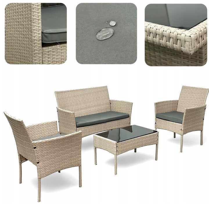 GARDEN FURNITURE RATTAN 4 EL SOFA ARMCHAIRS TABLE BEIGE CUSHIONS DURABLE Manufacturer no brand