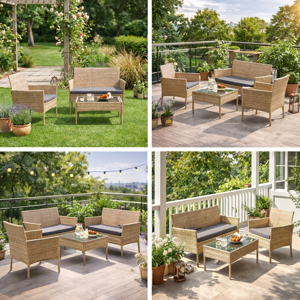 GARDEN FURNITURE RATTAN 4 EL SOFA ARMCHAIRS TABLE BEIGE CUSHIONS DURABLE Set contents armchair chair low coffee table