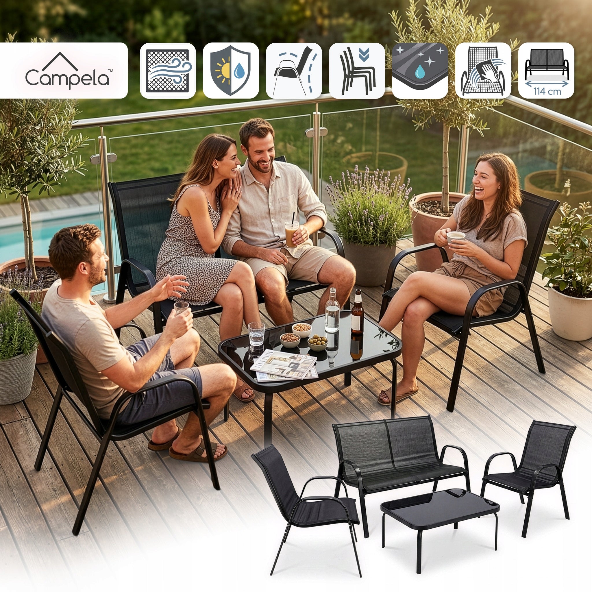 GARDEN FURNITURE SET 4 PEOPLE SOFA CHAIR TABLE TERRACE PLOT CAMPELA Packaging status original