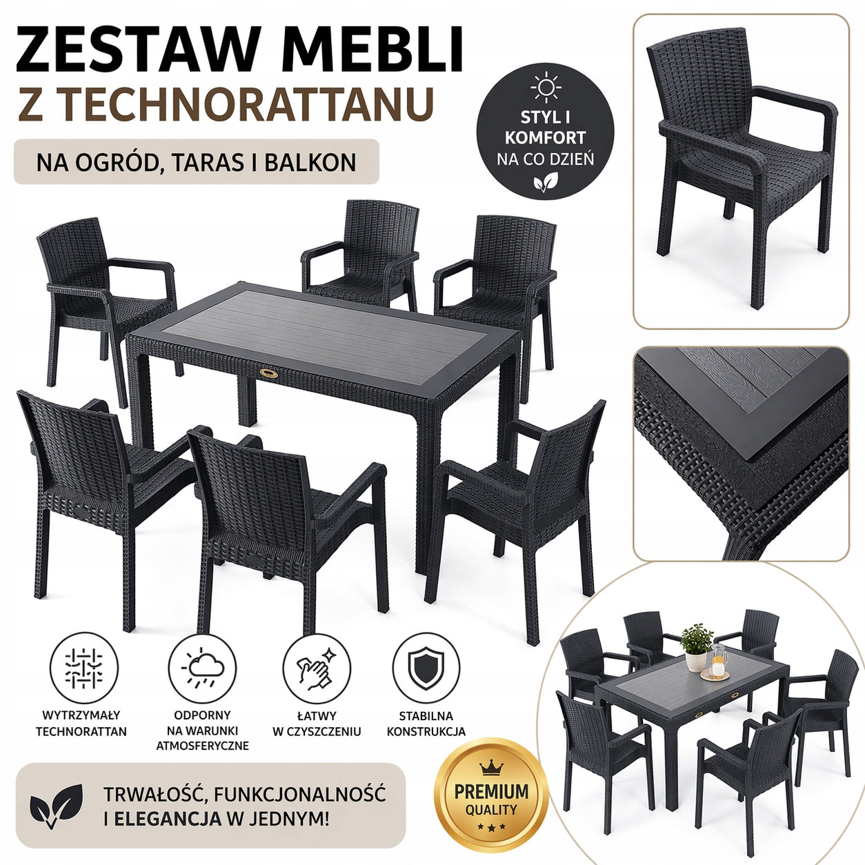 GARDEN FURNITURE SET BALCONY TERRACE TABLE 140x80 +6x CHAIRS CALMA ANTHRACITE Packaging status original