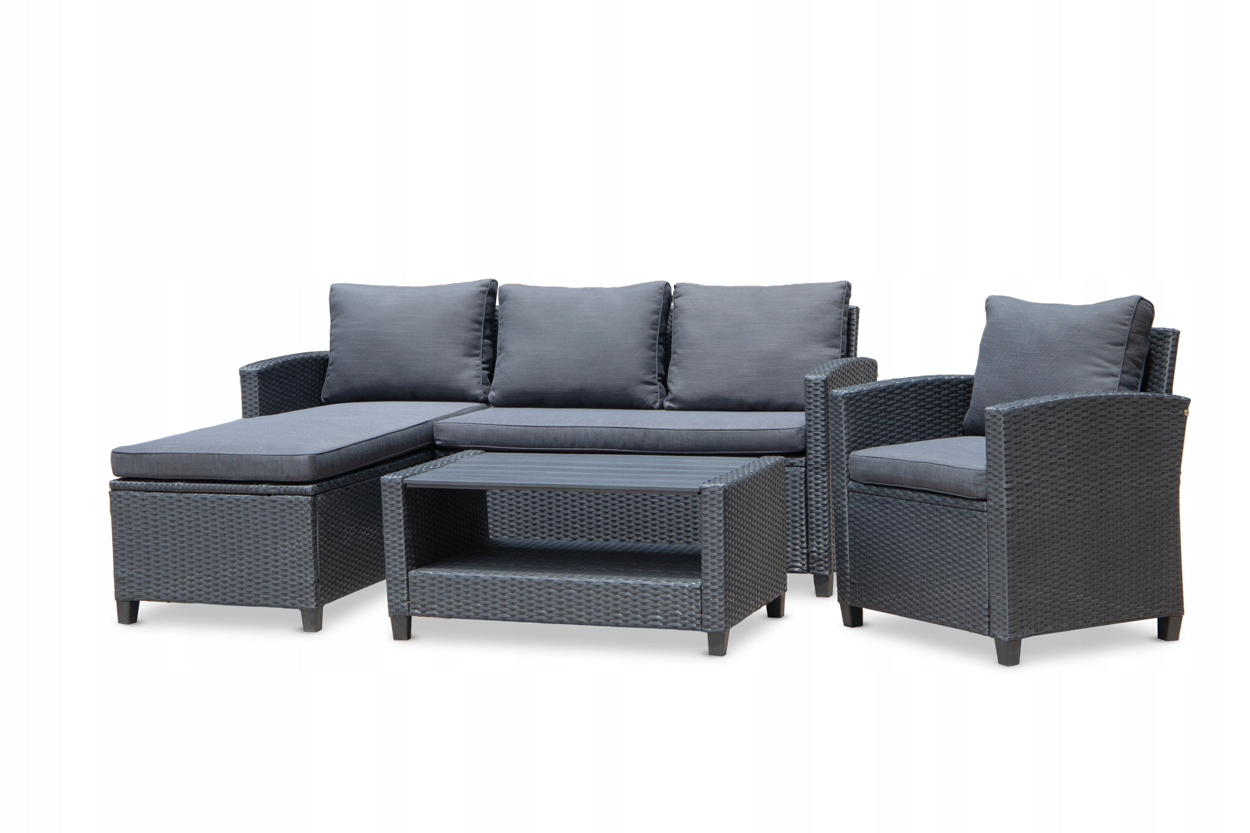GARDEN FURNITURE SET BLACK - CORNER SOFA, ARMCHAIR, TABLE-TECHNORATTAN