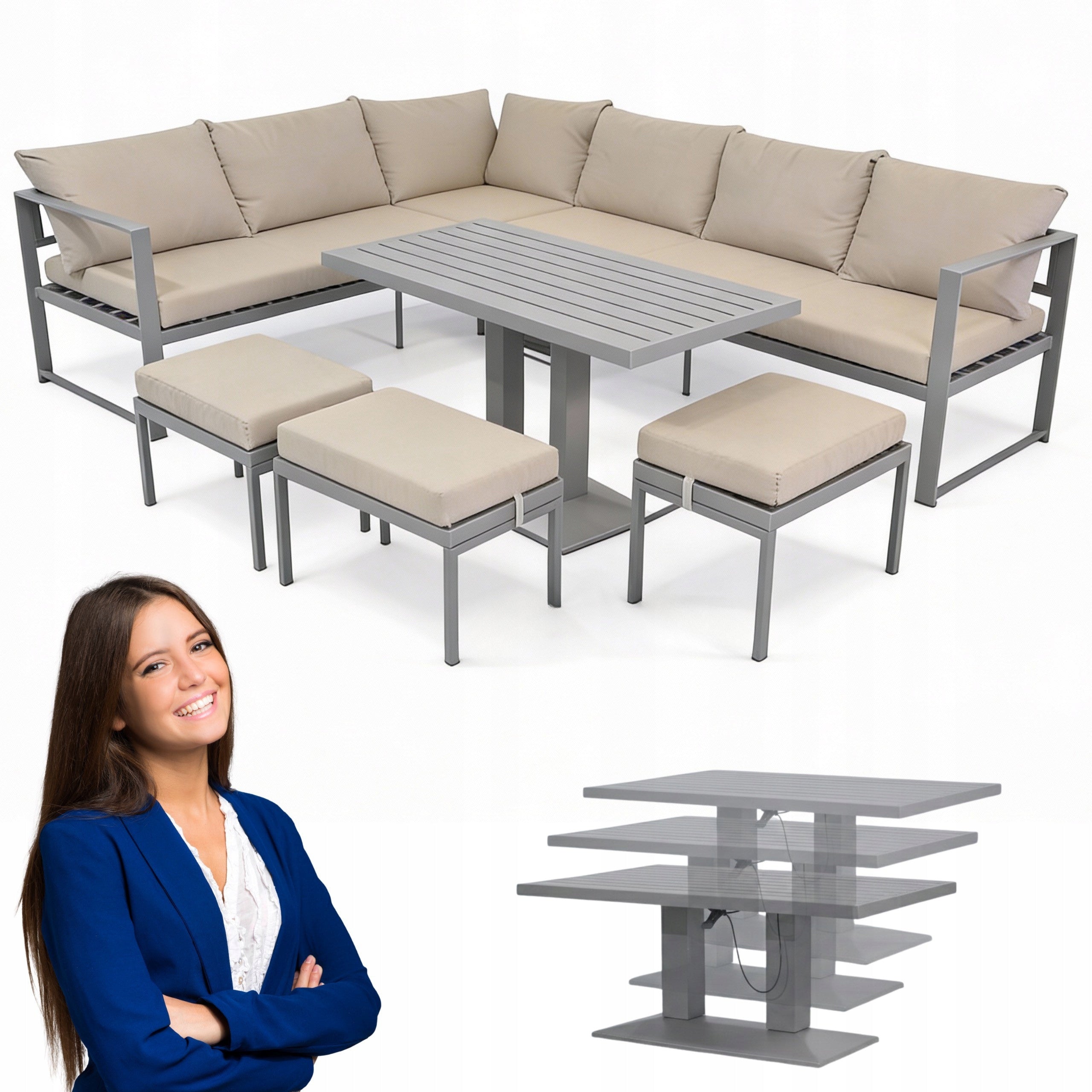GARDEN FURNITURE SET CORNER TABLE 3 POUFS NM-21G BR RAISED TABLE BROWN