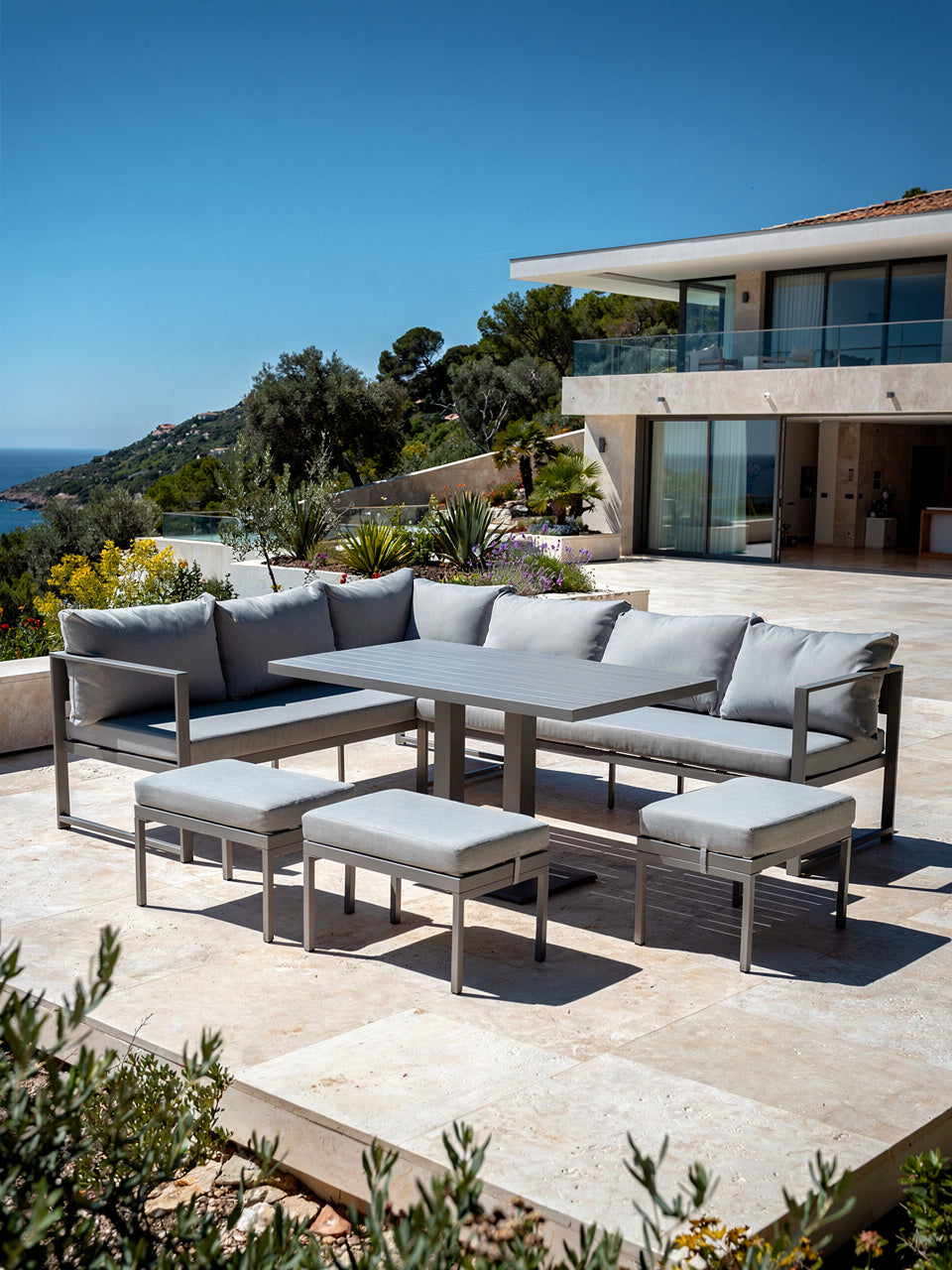 GARDEN FURNITURE SET CORNER TABLE 3 POUFS NM-21G RAISED TABLE GREY Line IdealGarden