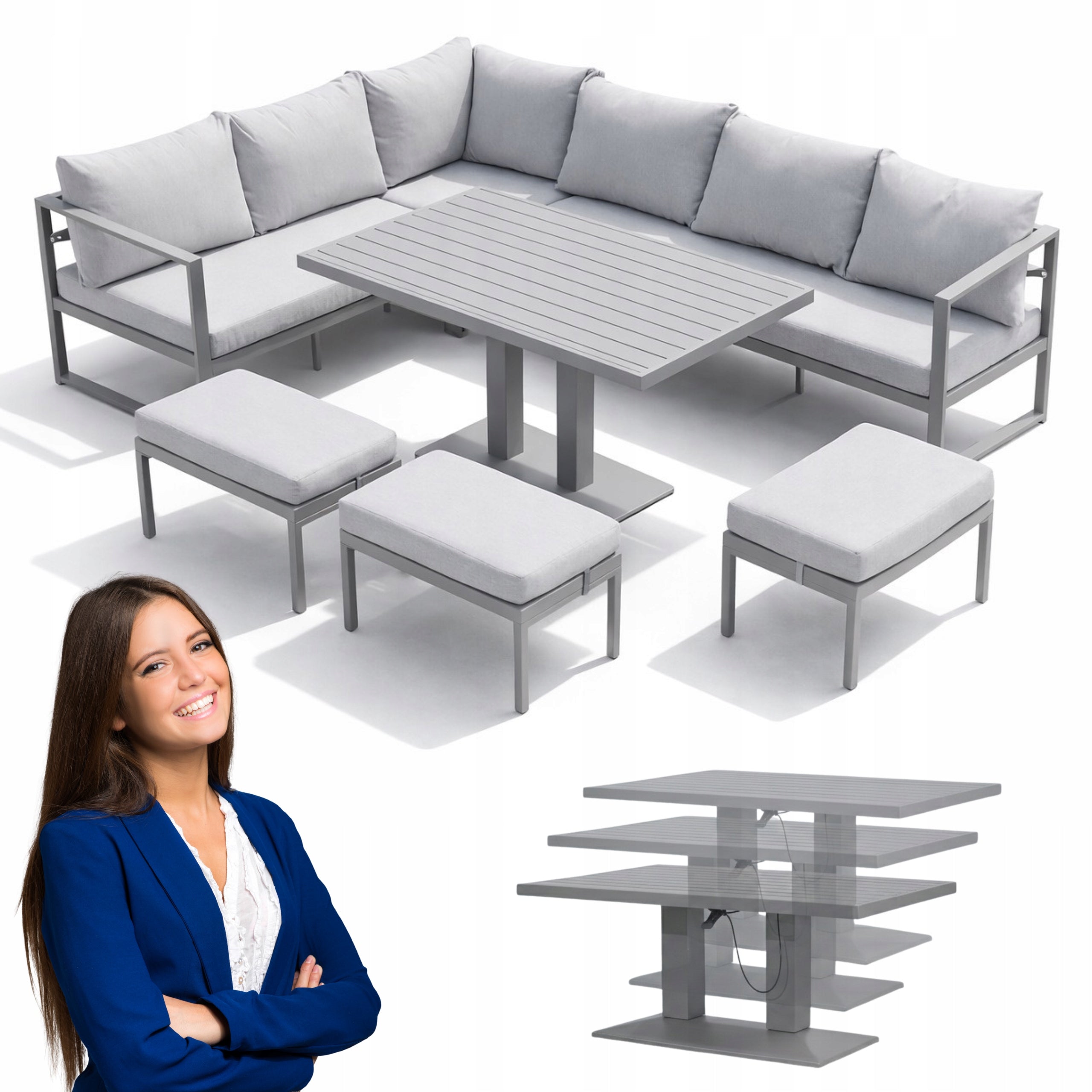 GARDEN FURNITURE SET CORNER TABLE 3 POUFS NM-21G RAISED TABLE GREY