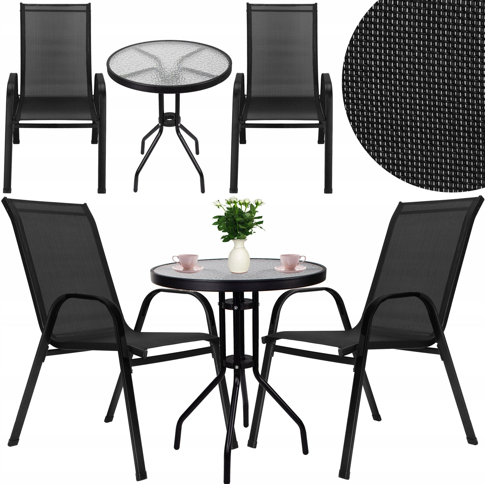 GARDEN FURNITURE SET FOR BALCONY TERRACE WATERPROOF TABLE+2 CHAIRS BLACK For coffee set