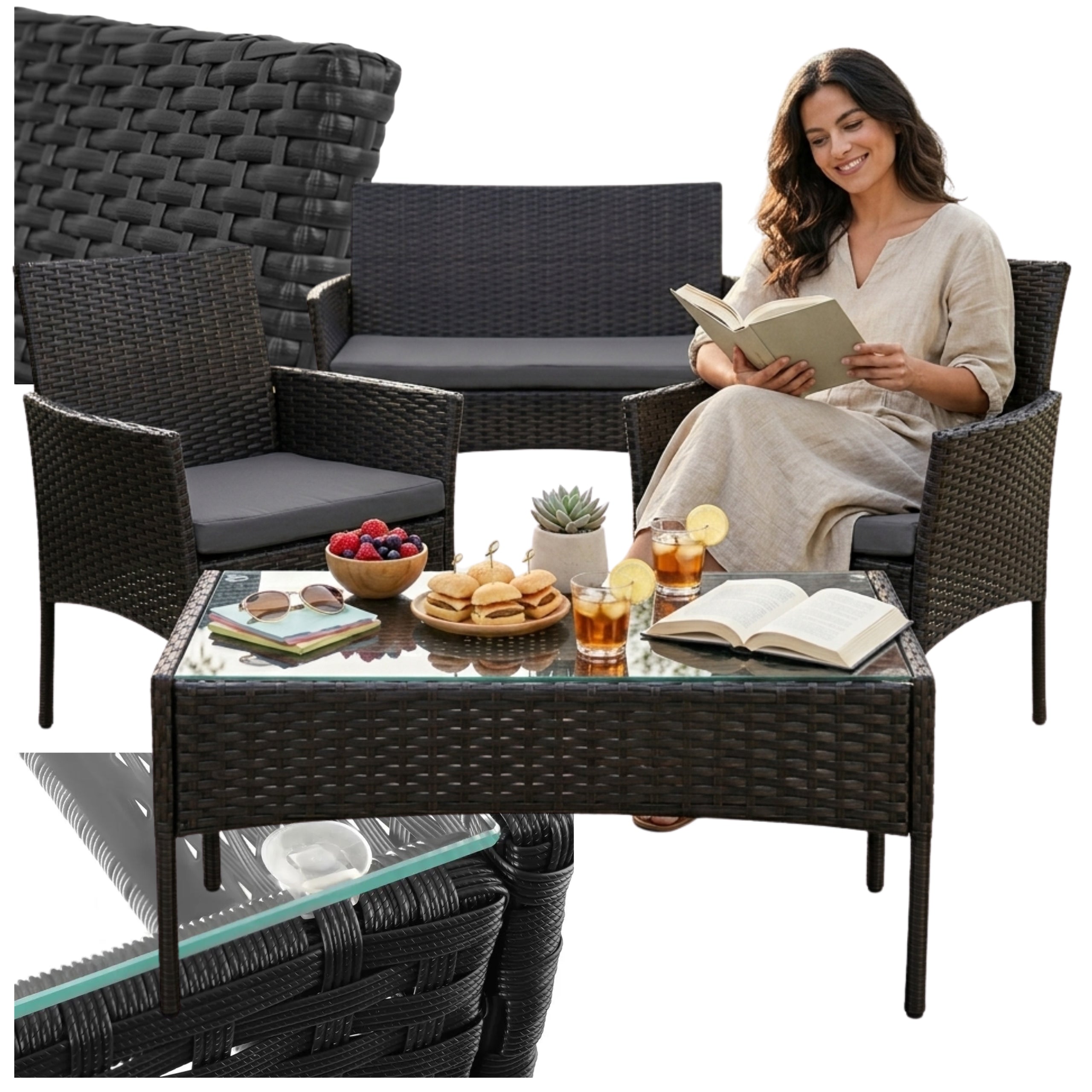 GARDEN FURNITURE SET RATTAN SOFA ARMCHAIRS TABLE SET FOR GARDEN