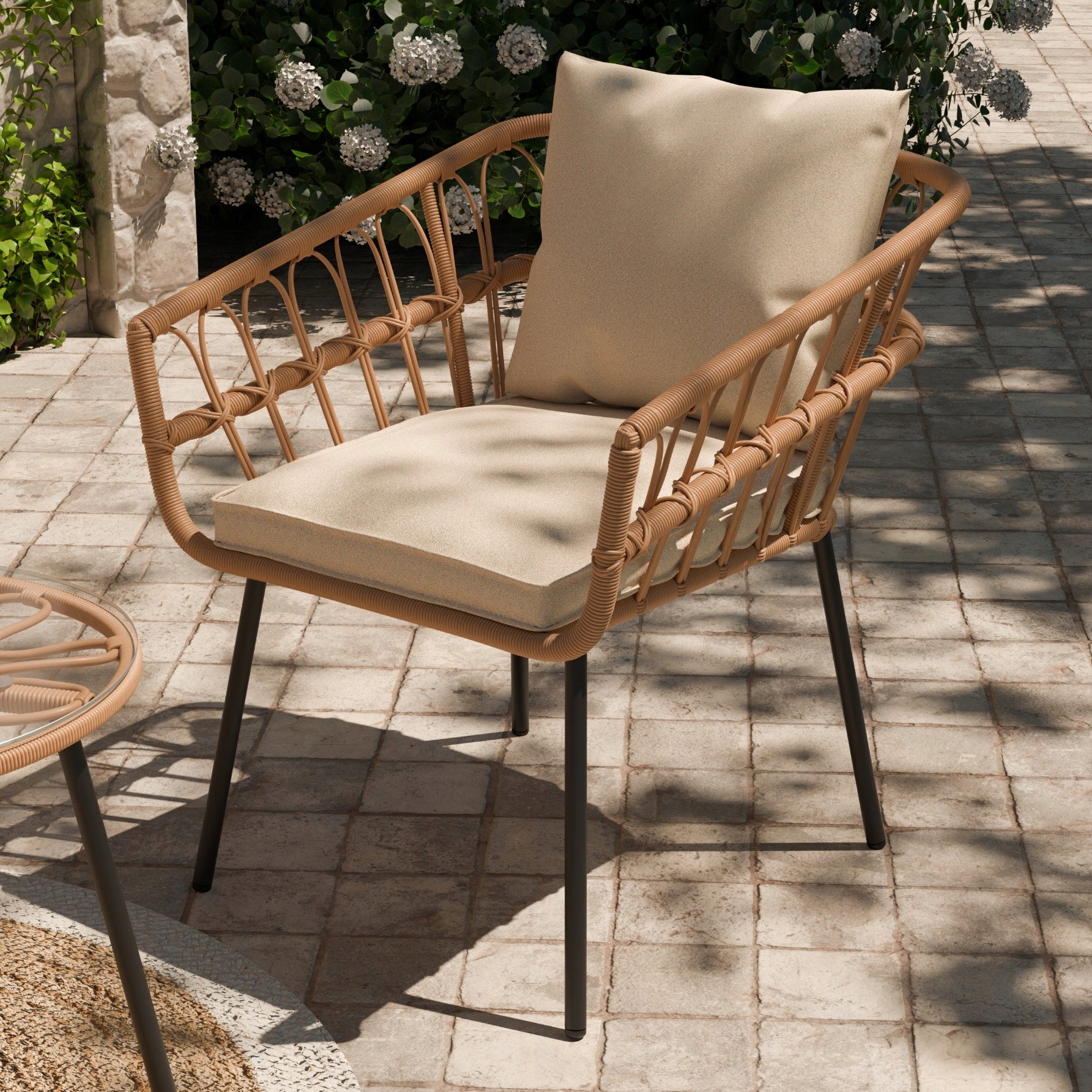 GARDEN FURNITURE SET RATTAN TABLE SOFA 2x CHAIR Cream ZENJOY Color beige