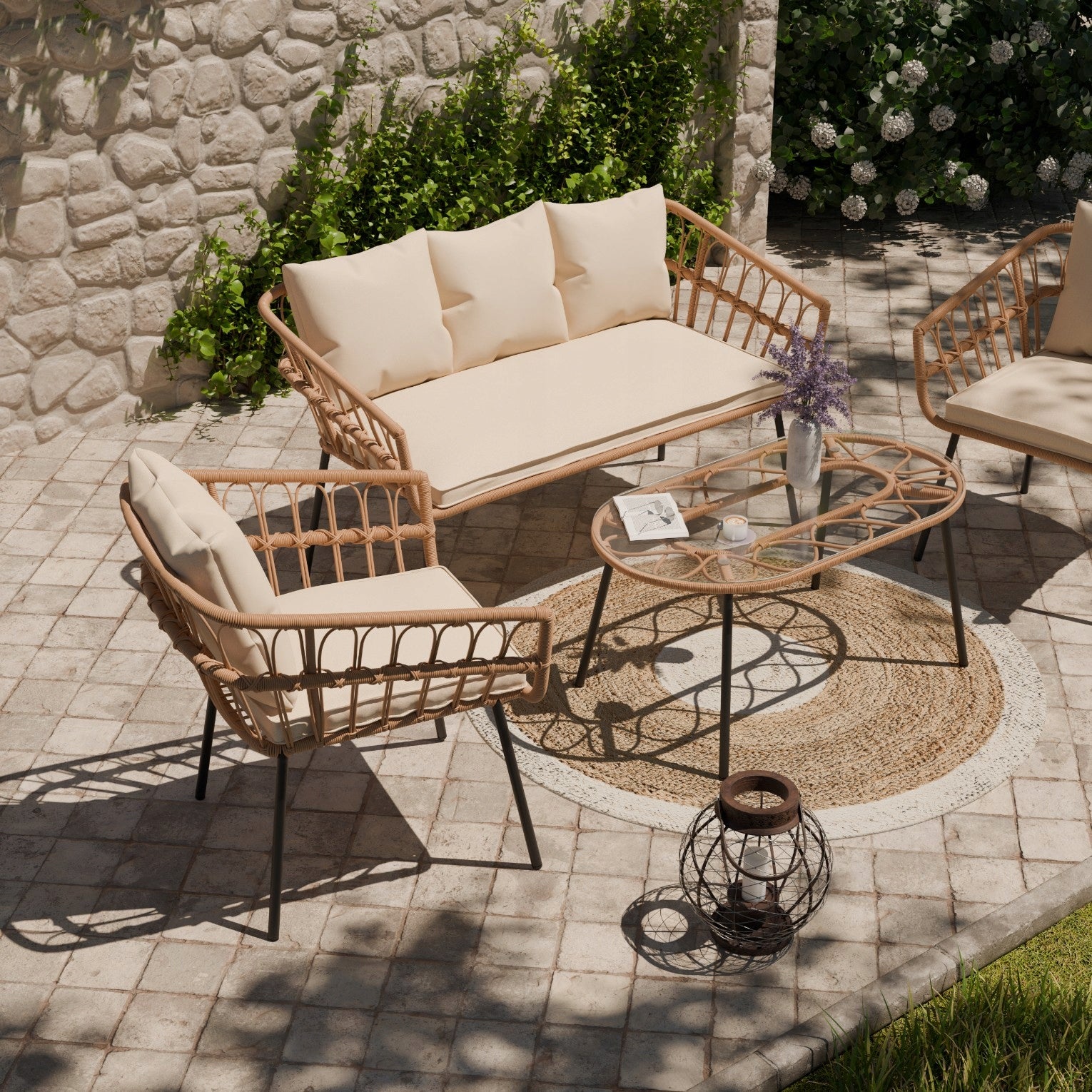 GARDEN FURNITURE SET RATTAN TABLE SOFA 2x CHAIR Cream ZENJOY Manufacturer ZENJOY