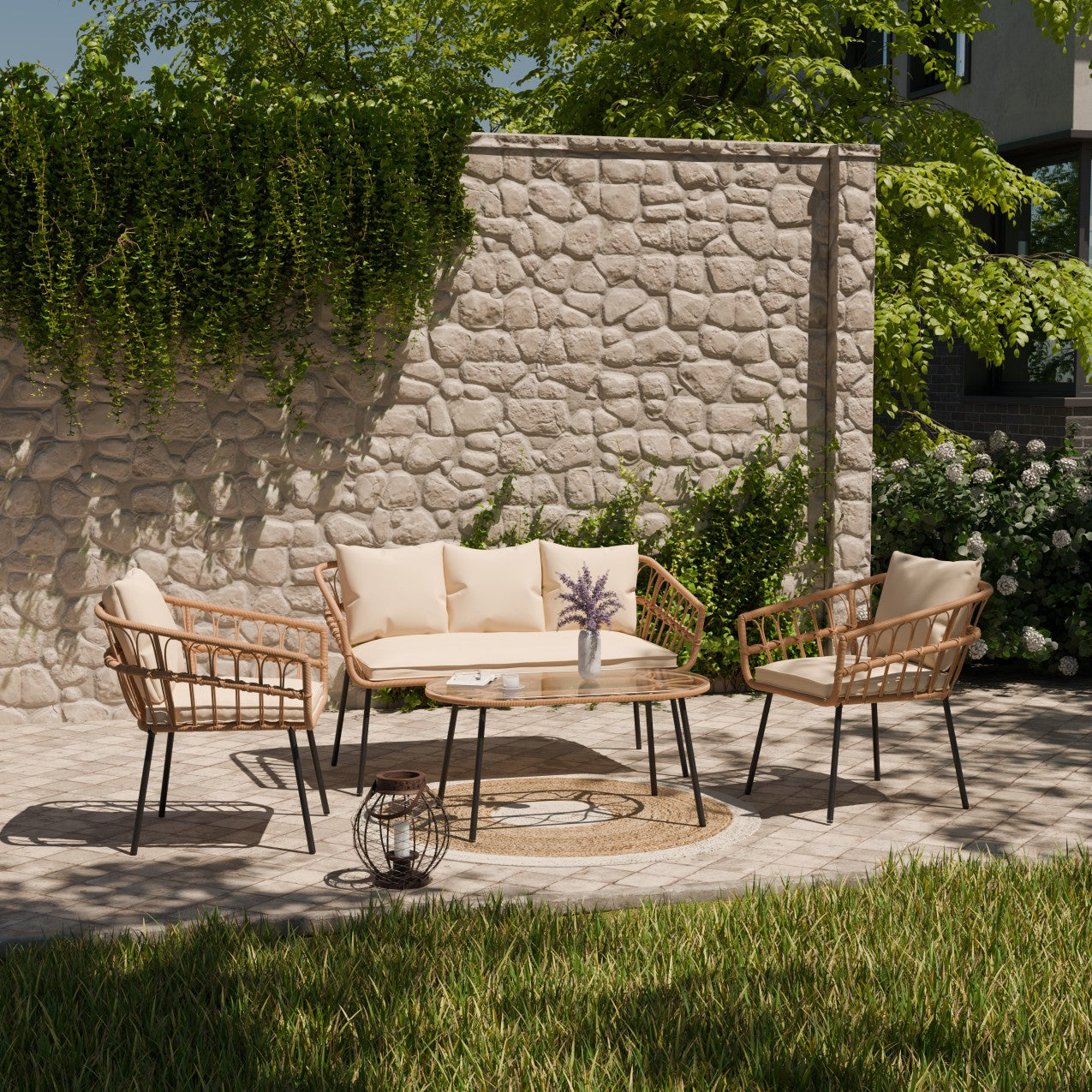 GARDEN FURNITURE SET RATTAN TABLE SOFA 2x CHAIR Cream ZENJOY Manufacturer code PLAIT_KREMOWY