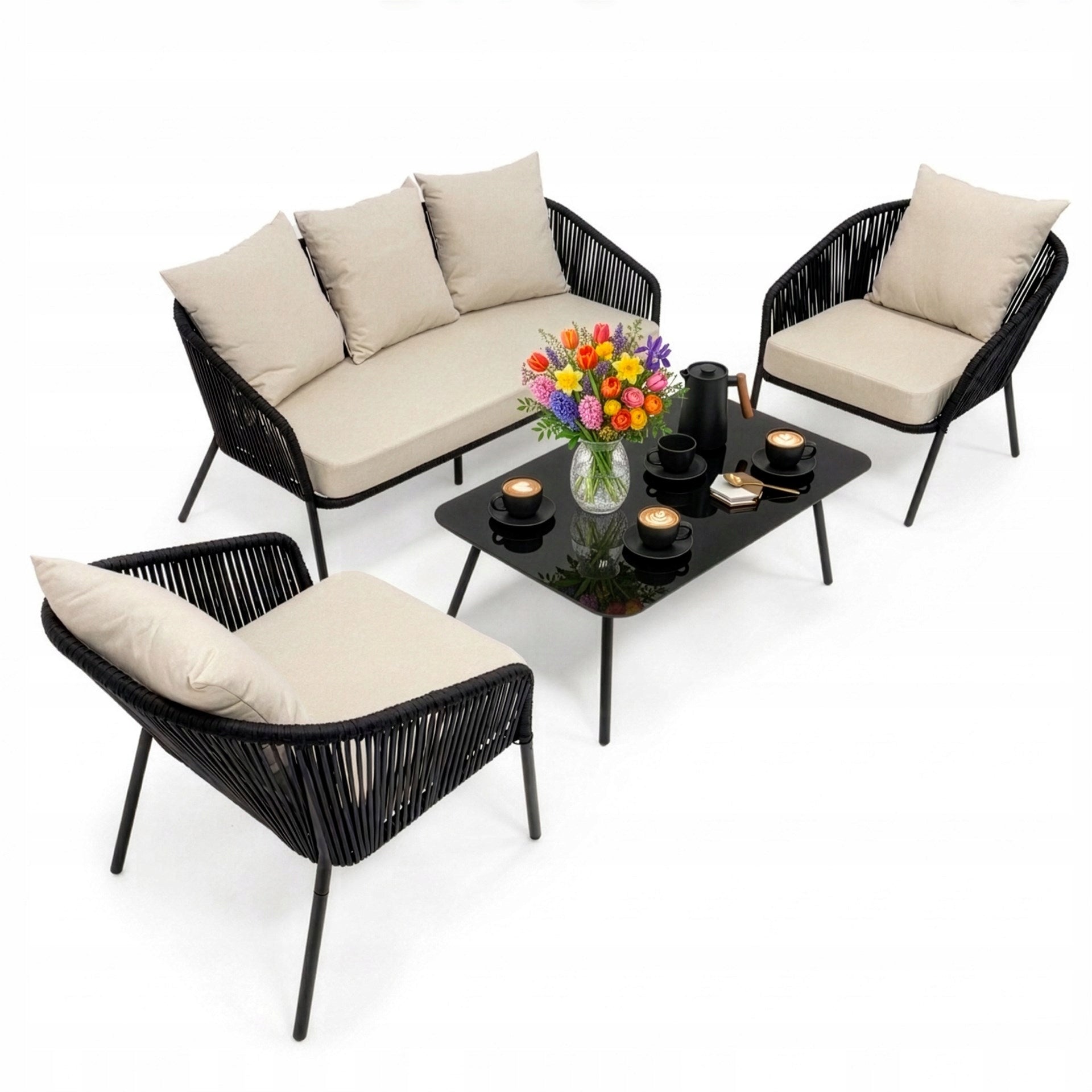 GARDEN FURNITURE SET SOFA ARMCHAIR STEEL FOR TERRACE FURNITURE SET FOR 5 PEOPLE Color black