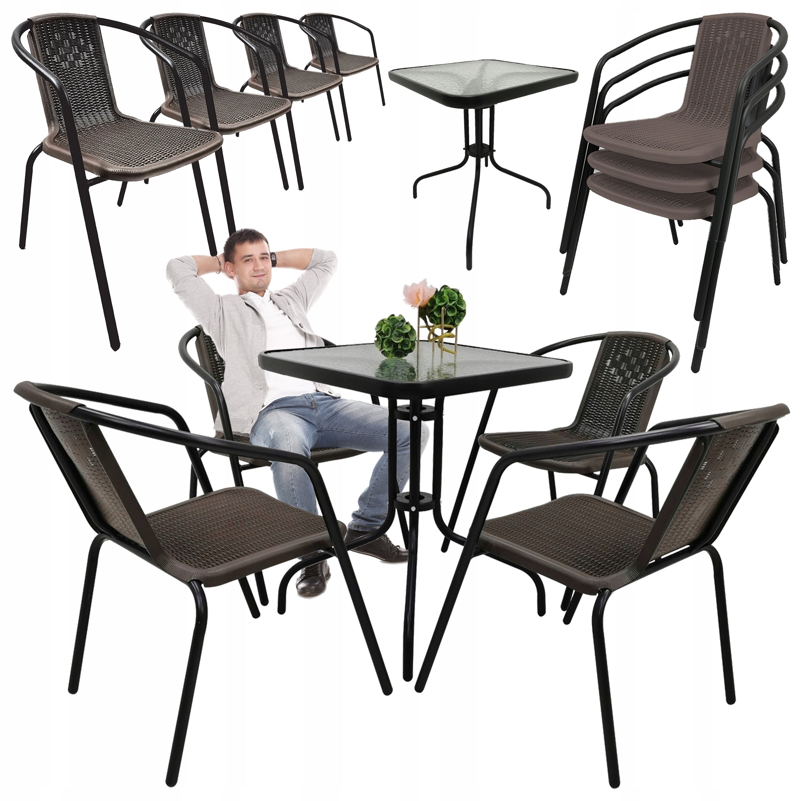 GARDEN FURNITURE SET TERRACE BALCONY TABLE 60x60 + 4x CHAIRS LORETTO BROWN Manufacturer code 67062