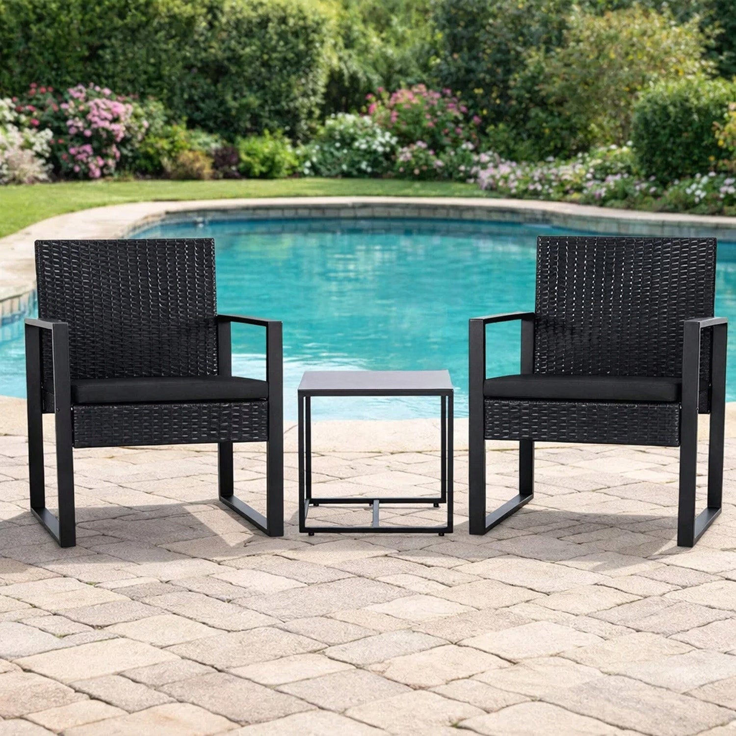 GARDEN FURNITURE SET TERRACE FURNITURE BLACK ARMCHAIRS TABLE RATTAN Color black