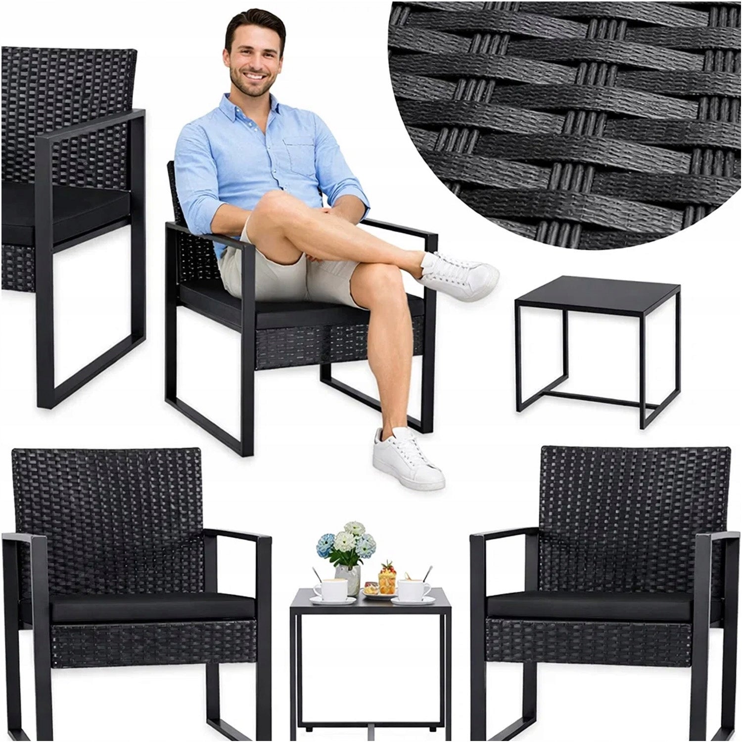 GARDEN FURNITURE SET TERRACE FURNITURE BLACK ARMCHAIRS TABLE RATTAN Manufacturer code ZESTAW MEBLI OGRODOWYCH TECHNORATTAN