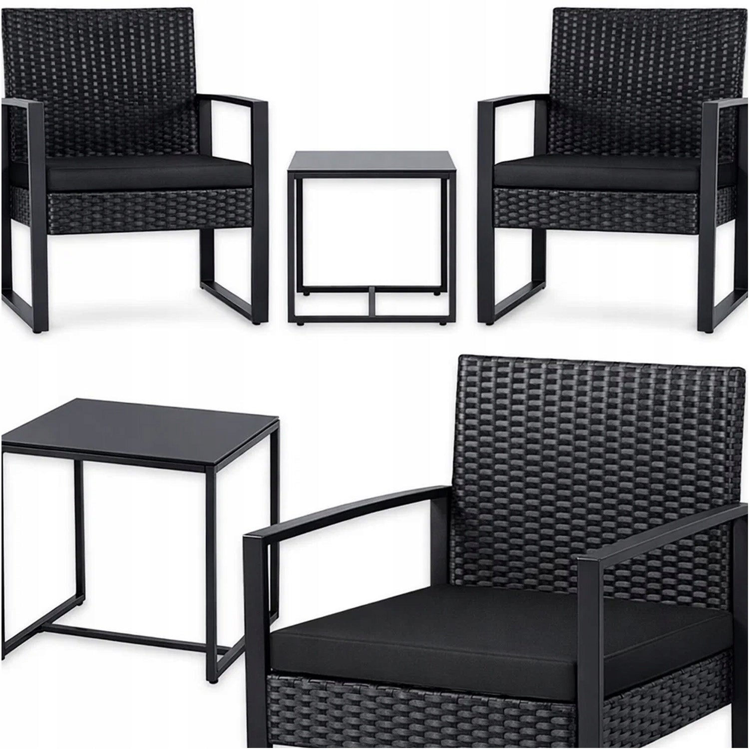 GARDEN FURNITURE SET TERRACE FURNITURE BLACK ARMCHAIRS TABLE RATTAN