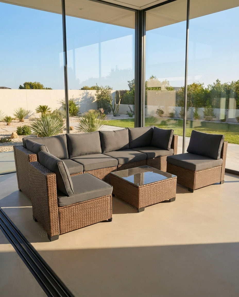 GARDEN FURNITURE SET XL2501 RATTAN CORNER TABLE LIGHT BROWN Set contents armchair corner sofa low coffee table pouf