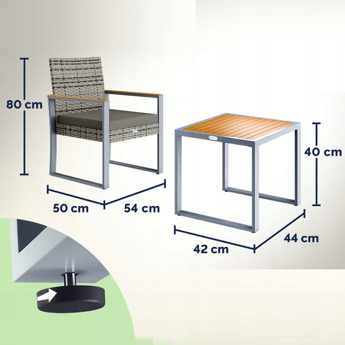 GARDEN FURNITURE TABLE 2 CHAIRS POLYRATTAN ACACIA WOOD Color gray
